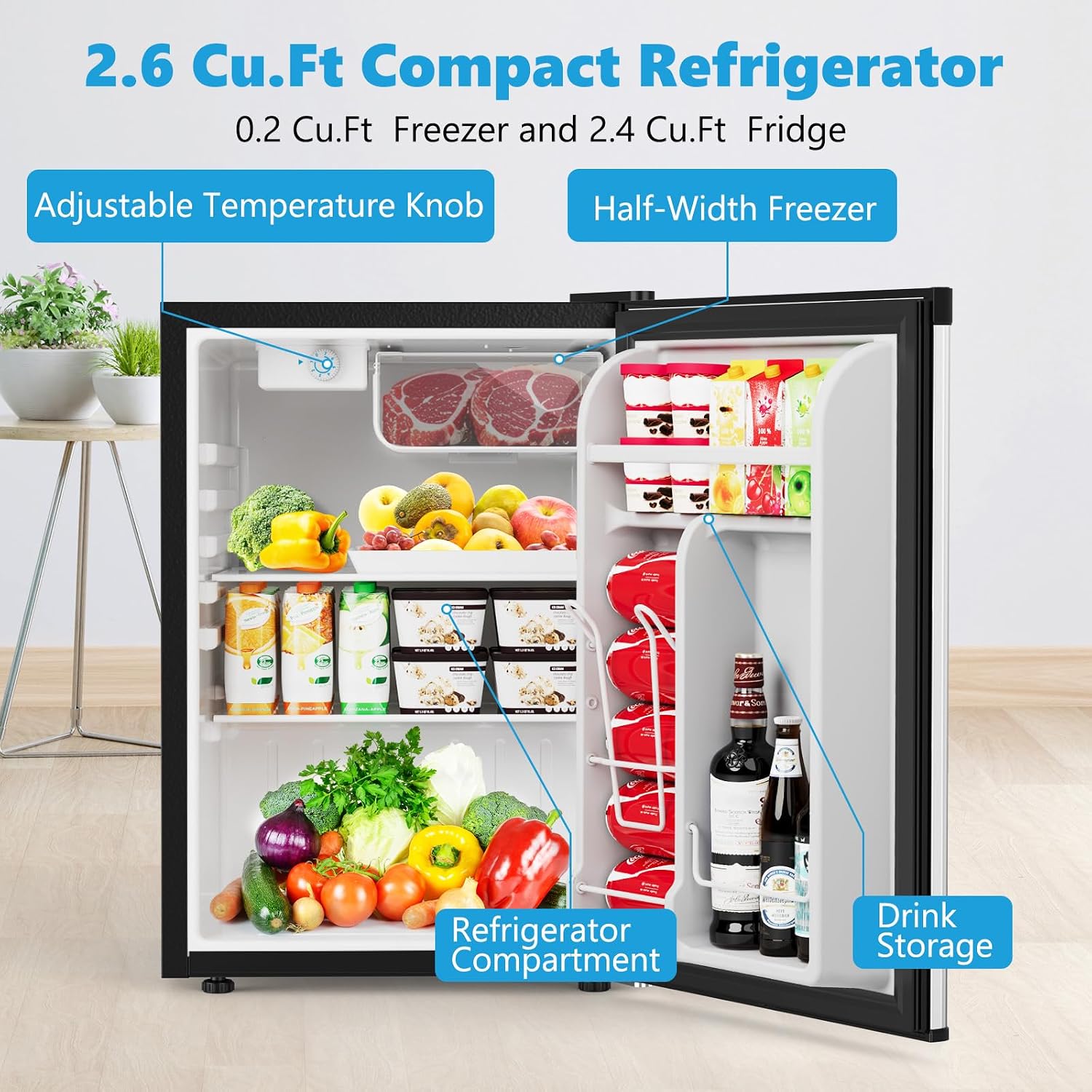 COWSAR 2.6 Cu.Ft Dorm Fridge with Freezer, Single Reversible Door Compact Refrigerator, Adjustable Thermostat, 2 Removable Shelves, Commercial Drink Fridge for Bedroom, Office, Kitchen, Dorm, Silver