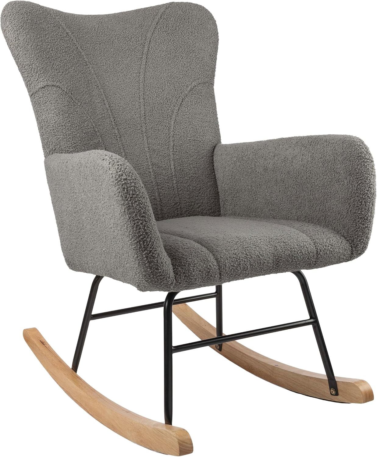 Rocking Chair - Teddy Fabric Upholstered Chair with Padded Seat and Contoured Armrests - Ergonomic Modern Rocker for Bedroom by Lavish Home (Gray)