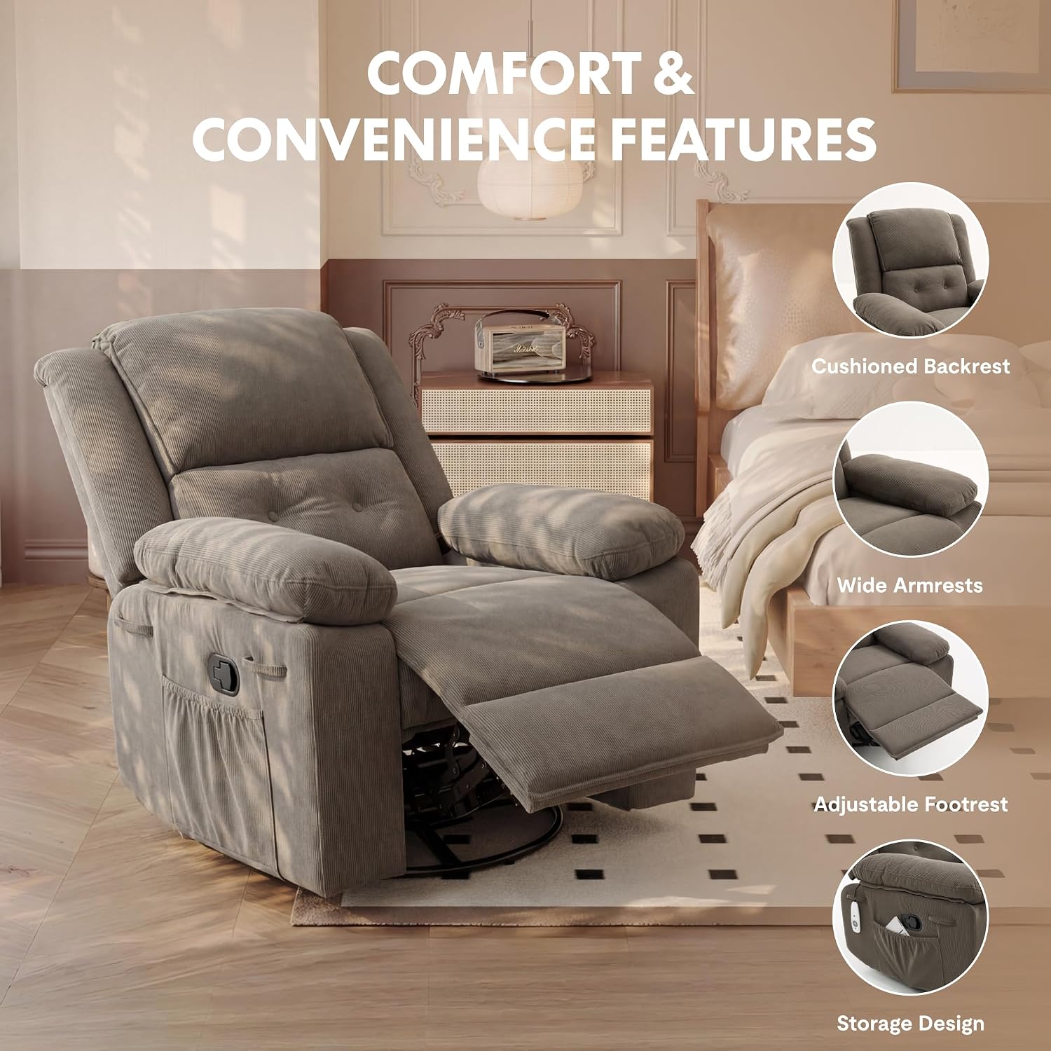 FLEXISPOT XRC2 360° Swivel Rocker Recliner for Adults, Rocking Glider Chair with Massage and Heat, Small Swivel Recliner for Living Room Bedroom Nursery, Grey