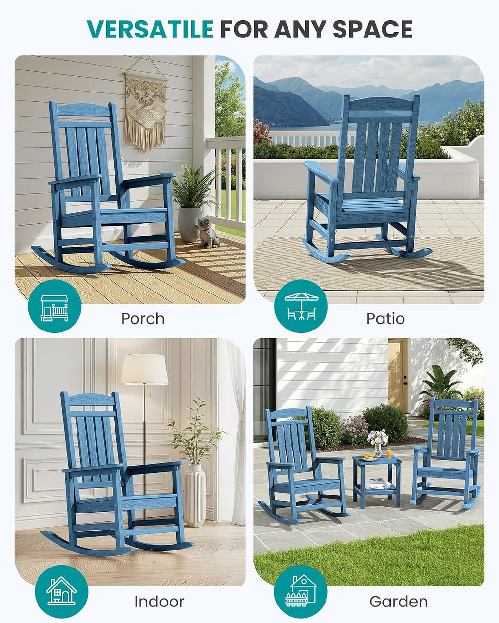 SERWALL Oversized Rocking Chairs Set of 2, HDPE Outdoor Rocking Chair, All-Weather Porch Rockers for Patio, Blue