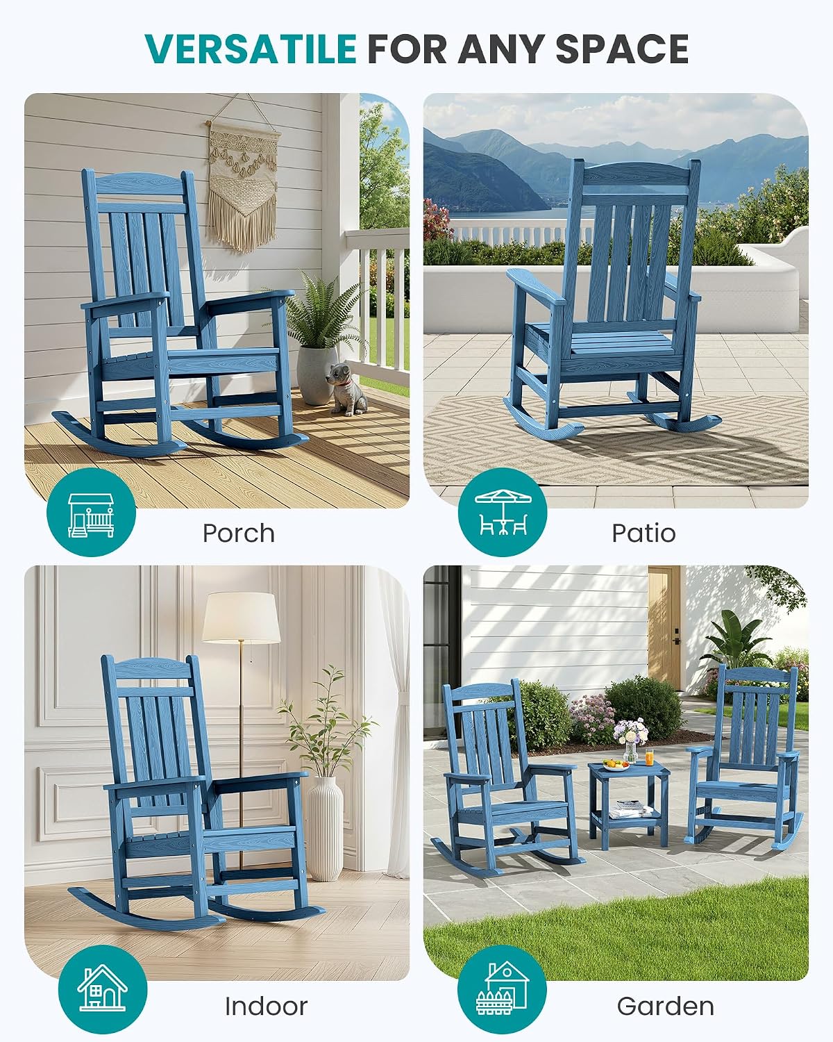 SERWALL Oversized Rocking Chairs Set of 2, HDPE Outdoor Rocking Chair, All-Weather Porch Rockers for Patio, Blue
