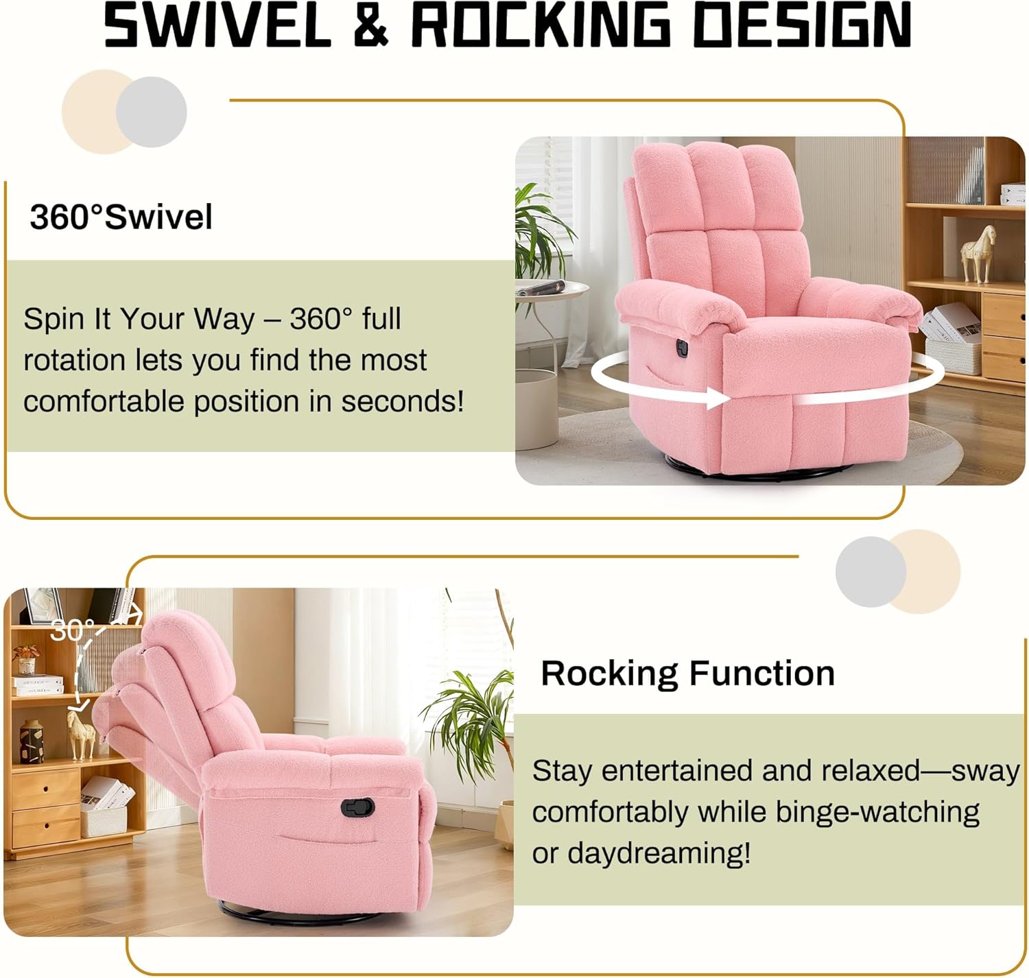 Korser Recliner Chair, Swivel Rocker Recliner Chair for Adults, Small Recliners for Small Spaces, Manual Recliner with Side Pockets, Upholstered Nursery Rocking Chair for Living Room, Sherpa, Pink
