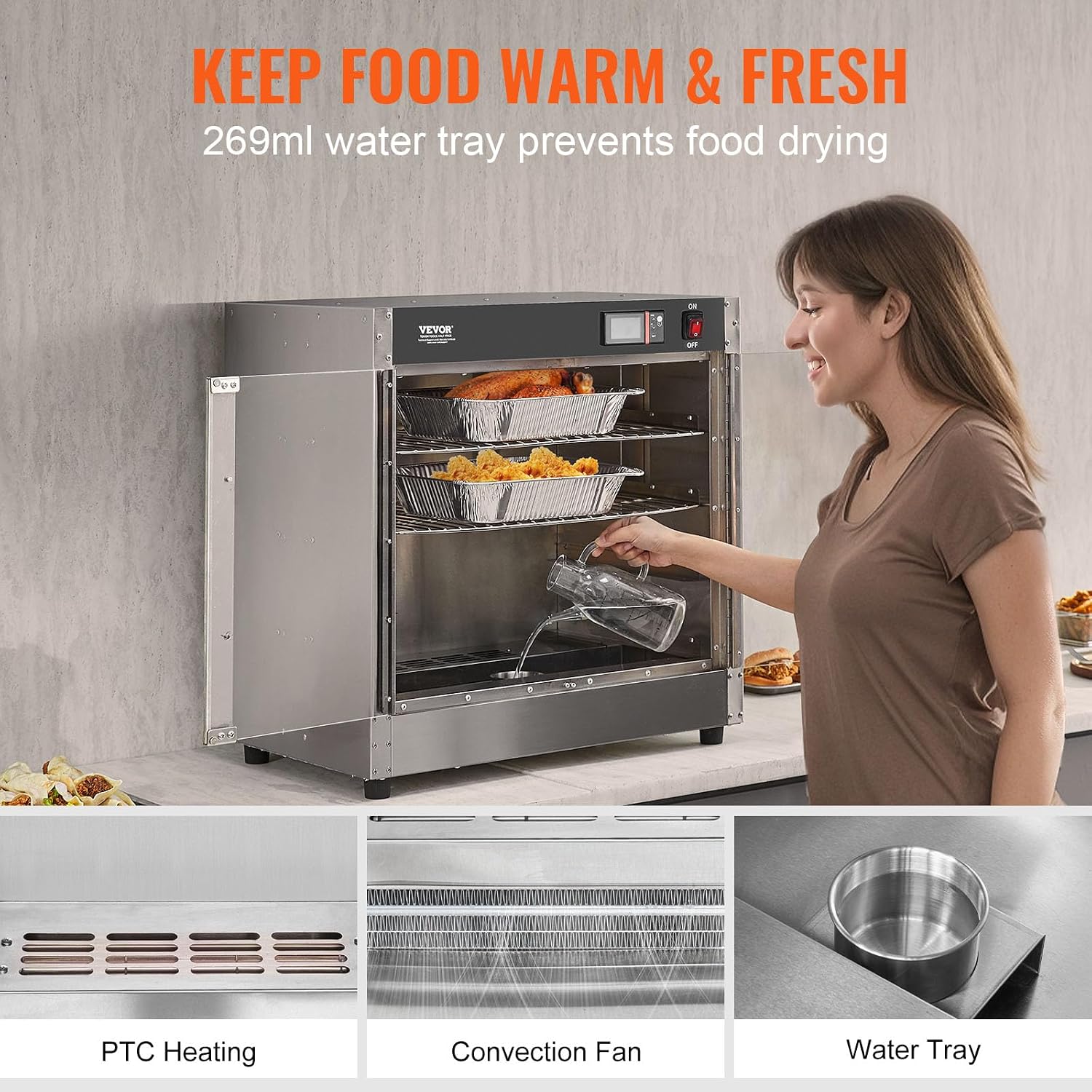 VEVOR Hot Box Food Warmer, 4-Tier Concession Warmer with Water Tray, 4 Pans, Glass Double-door and Adjustable Shelves, Stainless Steel Food Warmer Cabinet, Ideal for Storing Pizza, Chicken, Restaurant