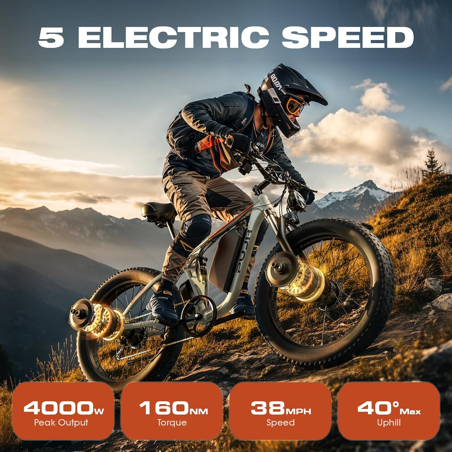 Electric Bike, 52V 25Ah 4000W Dual Motors, 24' Fat Tires Adult, 38mph Up to 110 Mile Range, Full Suspension, Hydraulic Brakes Class 3 Ebike, for Off-Road Mountain Riding Adventures