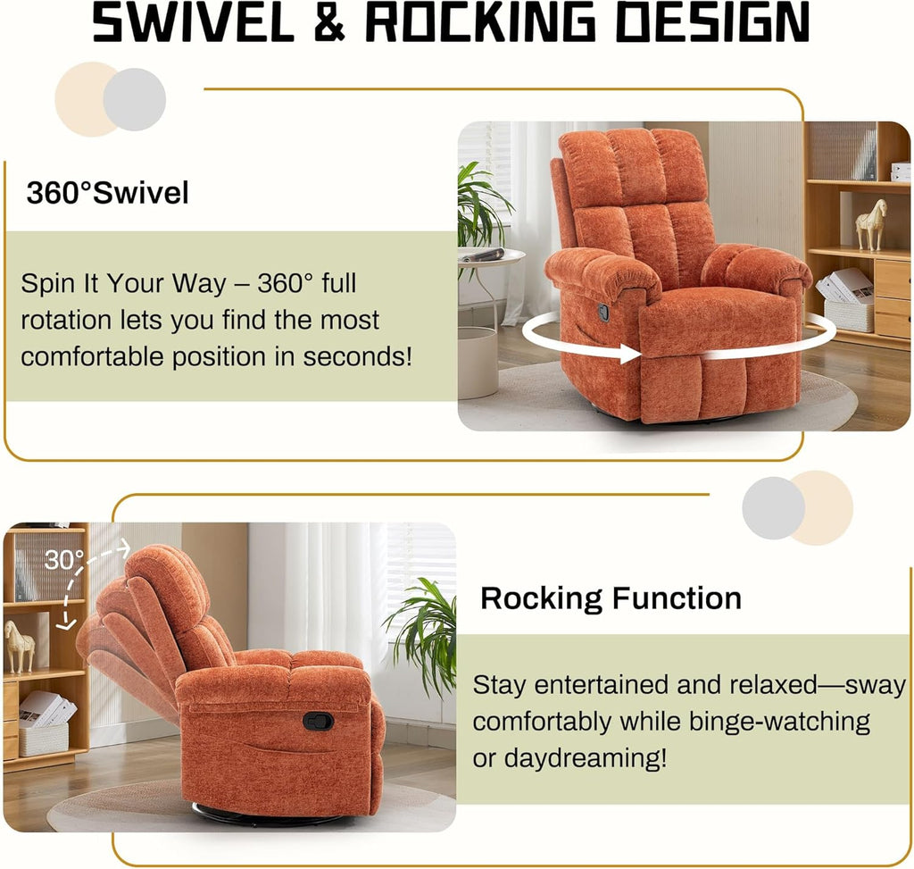 Korser Recliner Chair, Swivel Rocker Recliner Chair for Adults, Small Recliners for Small Spaces, Manual Recliner with Side Pockets, Upholstered Nursery Rocking Chair for Living Room, Chenille, Orange