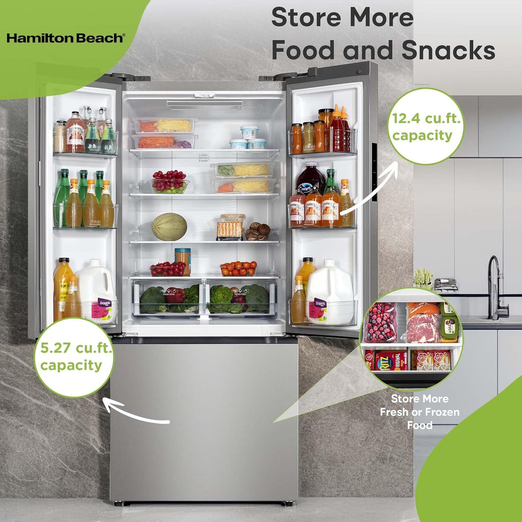 Hamilton Beach HBF1770 French Door Counter Depth Refrigerator with Freezer Drawer, 17.7 cu ft, Stainless Steel (Full Size)