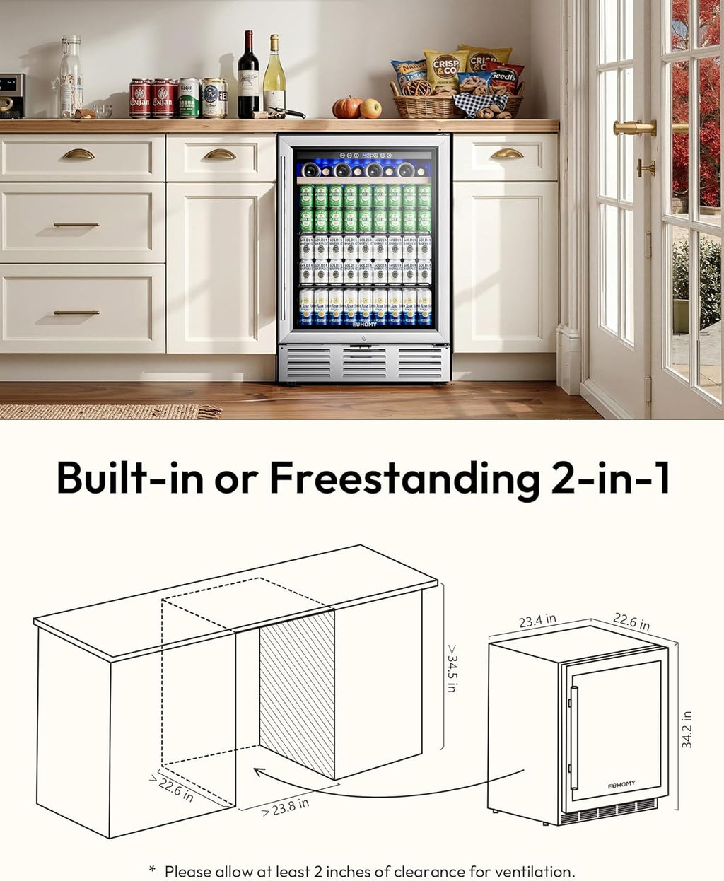 EUHOMY 24 Inch Wine and Beverage Refrigerator, 112 Cans & 8 Bottles Built-in or Freestanding Beverage Refrigerator Double-Layer Glass Door, Under Counter Wine Fridge for Kitchen, Bar, Office