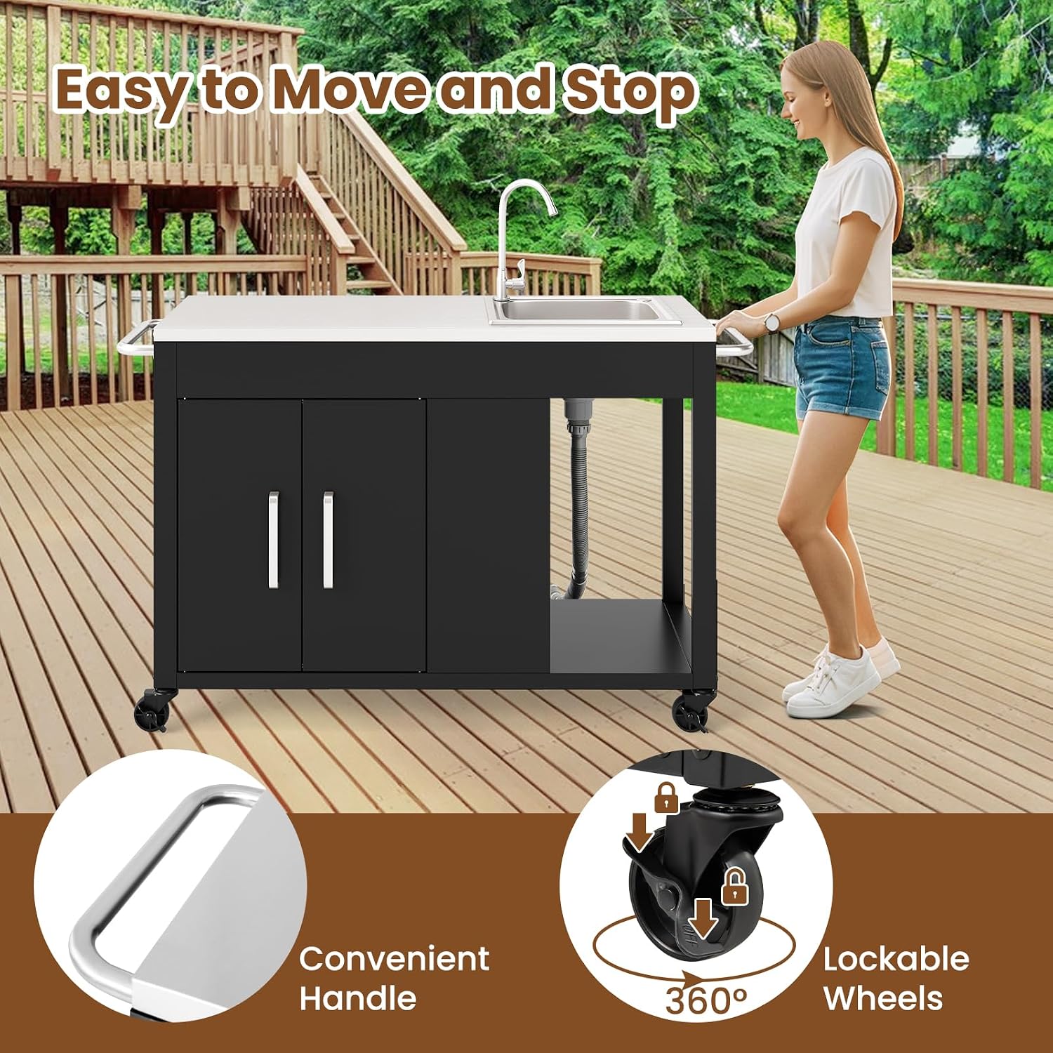 Happygrill 56' Outdoor Grill Table with Sink & Drainage, Heavy Duty Metal Grill Cart with Stainless Steel Top & Storage Cabinet, Outdoor Prep Table with Handles & Wheels for Patio, Garden & Backyard