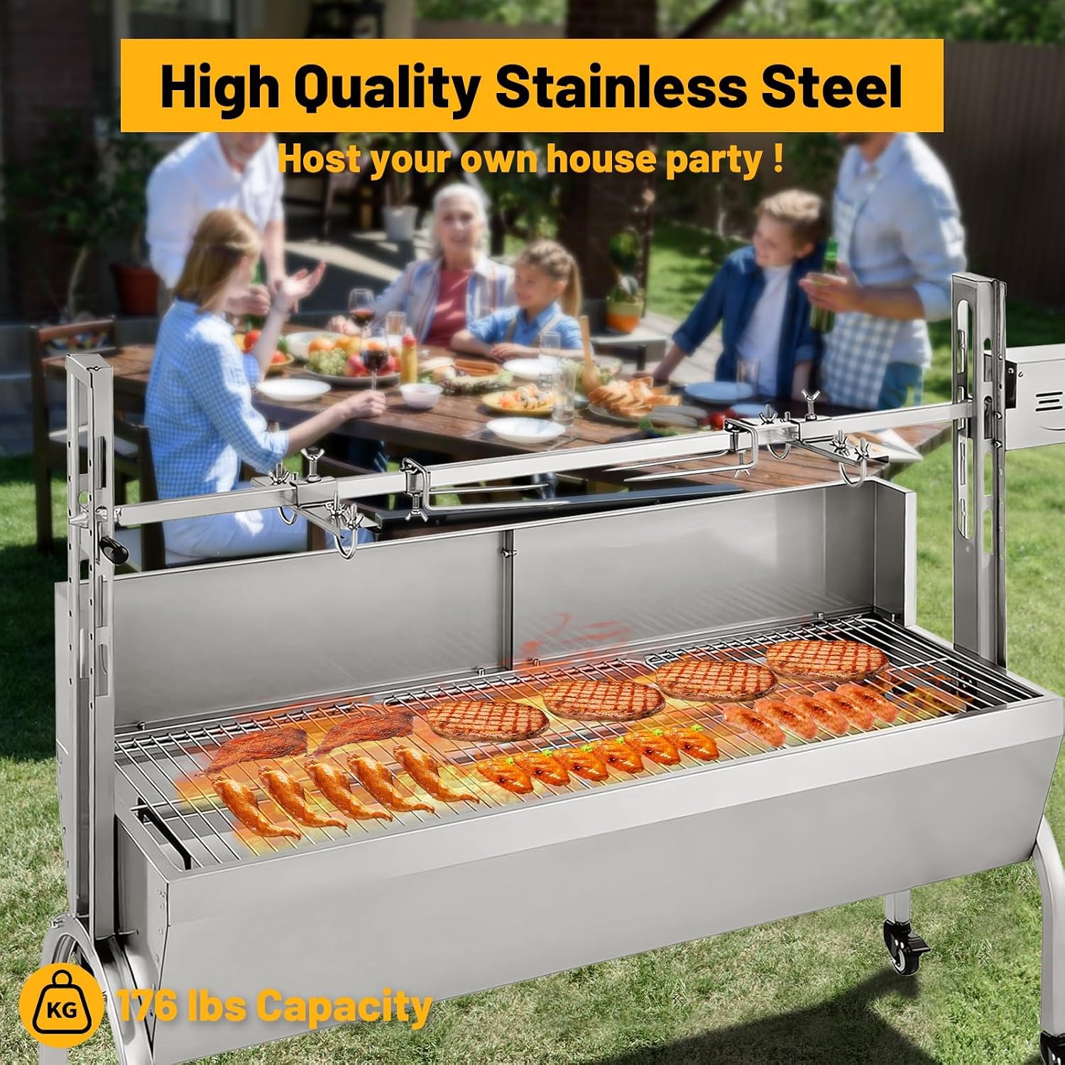Rotisserie Grill with Back Cover Guard, 25W Motor 48 Inch Stainless Steel Small Pig Lamb Rotisserie Roaster, BBQ Charcoal Rotisserie Grill for Camping Party, Outdoor Kitchen (176 LBS)