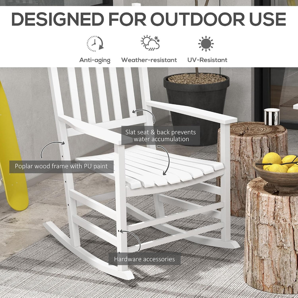 Outsunny Outdoor Rocking Chair Set of 2 with Side Table, Patio Wooden Rocking Chair with Smooth Armrests, High Back for Garden, Balcony, Porch, Supports Up to 352 lbs, White