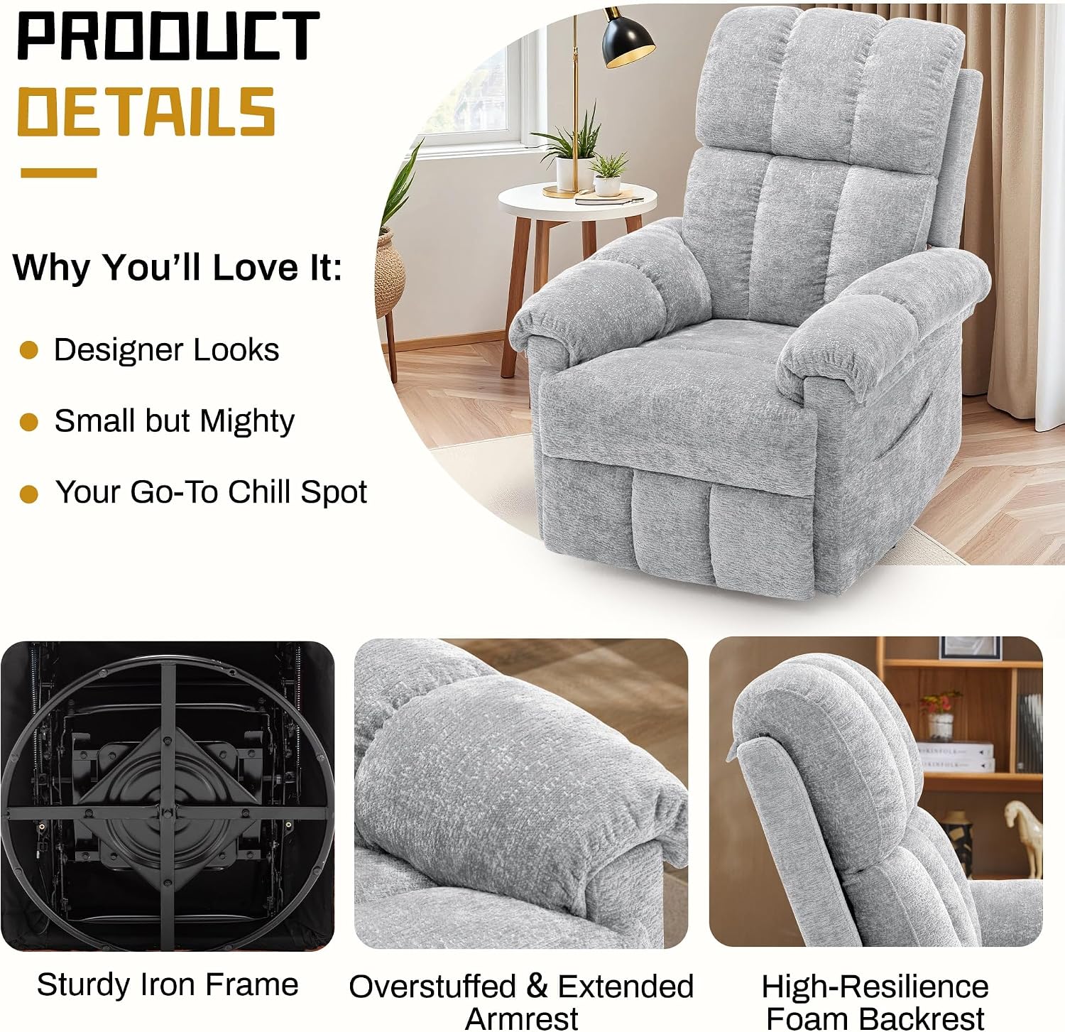 Korser Recliner Chair, Swivel Rocker Recliner Chair for Adults, Small Recliners for Small Spaces, Manual Recliner Chair with Side Pockets, Nursery Rocking Chair for Living Room, Chenille, Silver Grey