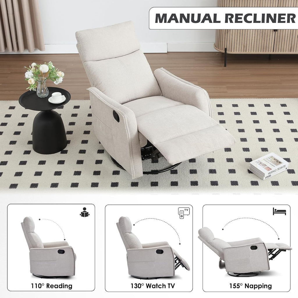 Trustyue Swivel Rocker Recliner Chair, 360° Swivel Recliner with Heat and Massage, Rocker Recliner Nursery Glider Chair with Side Pockets for Living Room (Beige, Fabric)