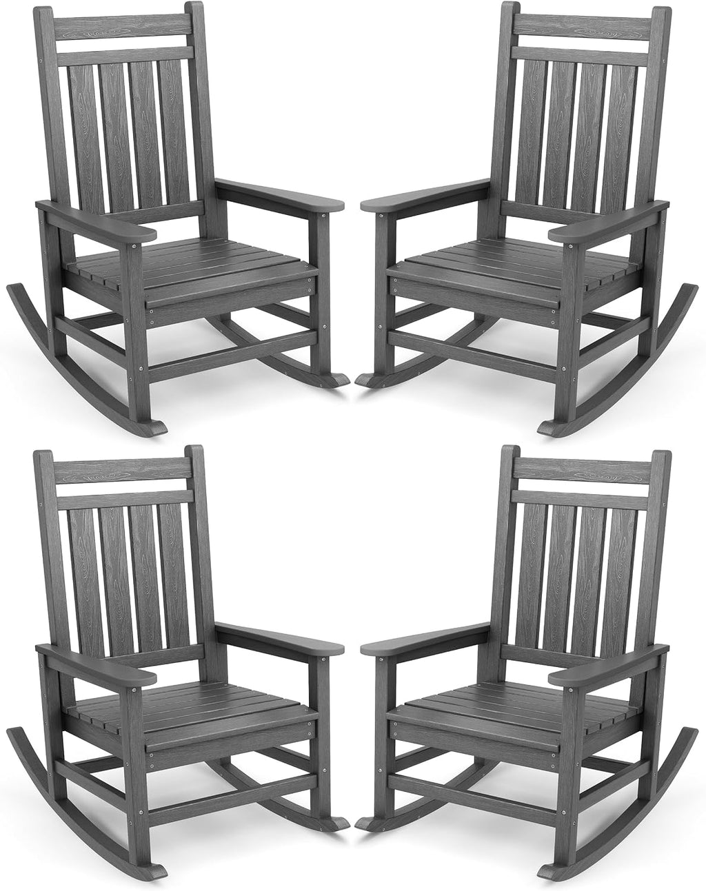 SERWALL Oversized Outdoor Rocking Chair Set of 4, HDPE Rocker for Adults, Patio Rocking Chairs for Porch, Grey