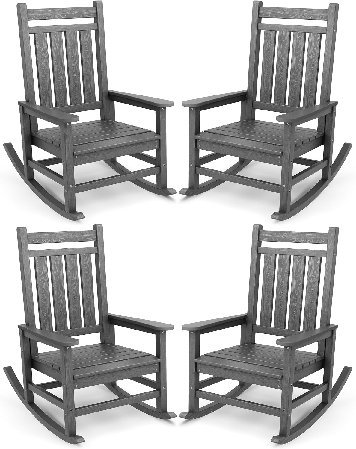 SERWALL Oversized Outdoor Rocking Chair Set of 4, HDPE Rocker for Adults, Patio Rocking Chairs for Porch, Grey