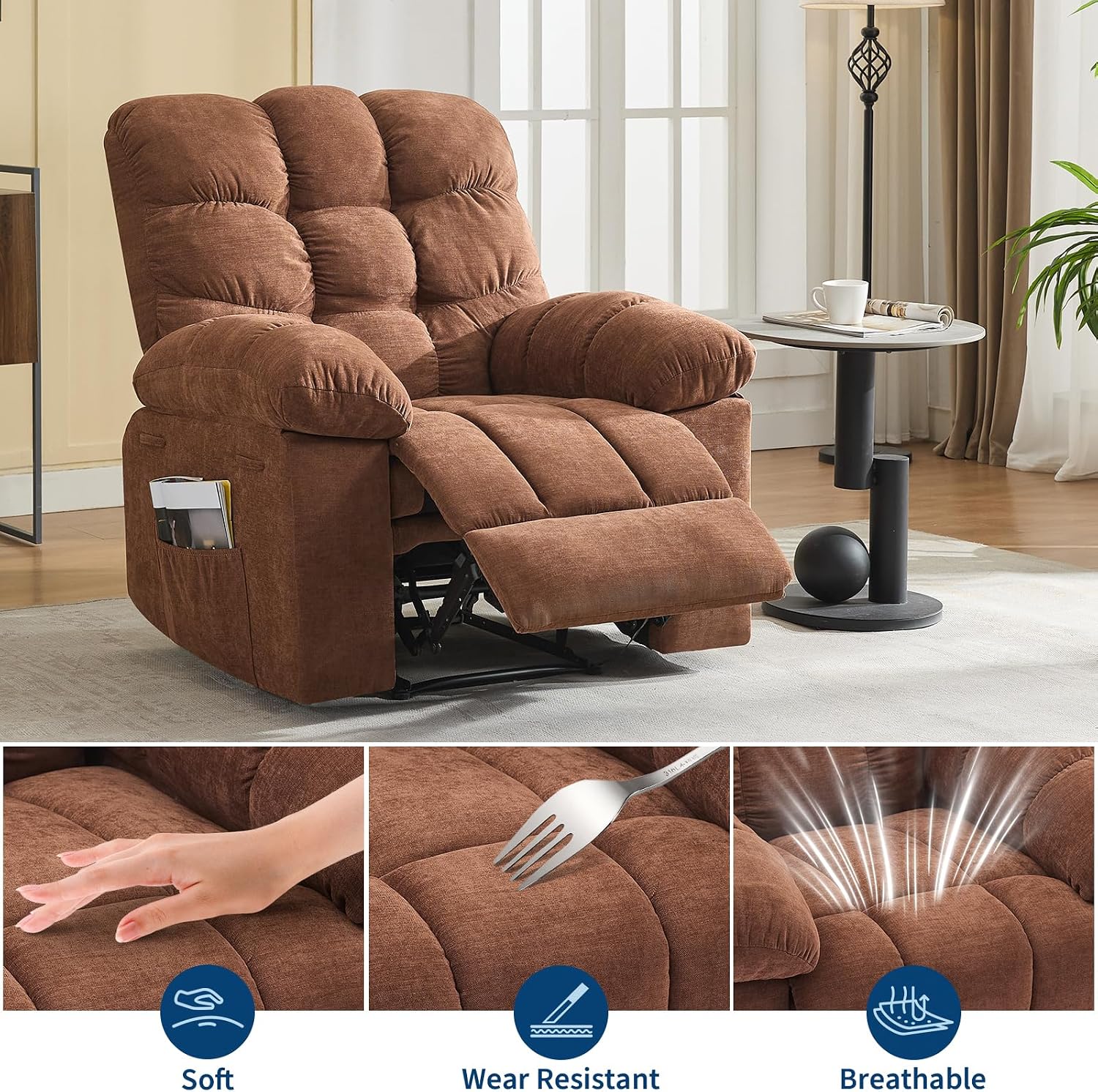 Garvee 21.4in Wide Recliner Chair,Massage & Heat Recliner Chair for Adults,Home Theater Seating with Lumbar Support,Ergonomic Breathable Fabric Nursery Rocking Chairs for Living Room