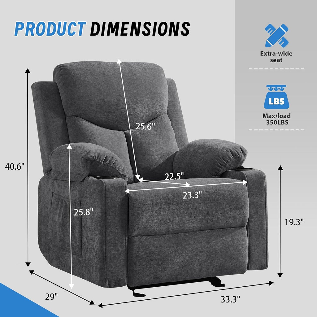 Manual Rocker Recliner Chair for Adults with Vibration Massage,Glider Rocking Recliner for Living Room Bedroom Nursery, Overstuffed Reclining Sofa Chair with Pockets and Cup Holds,Dark Grey