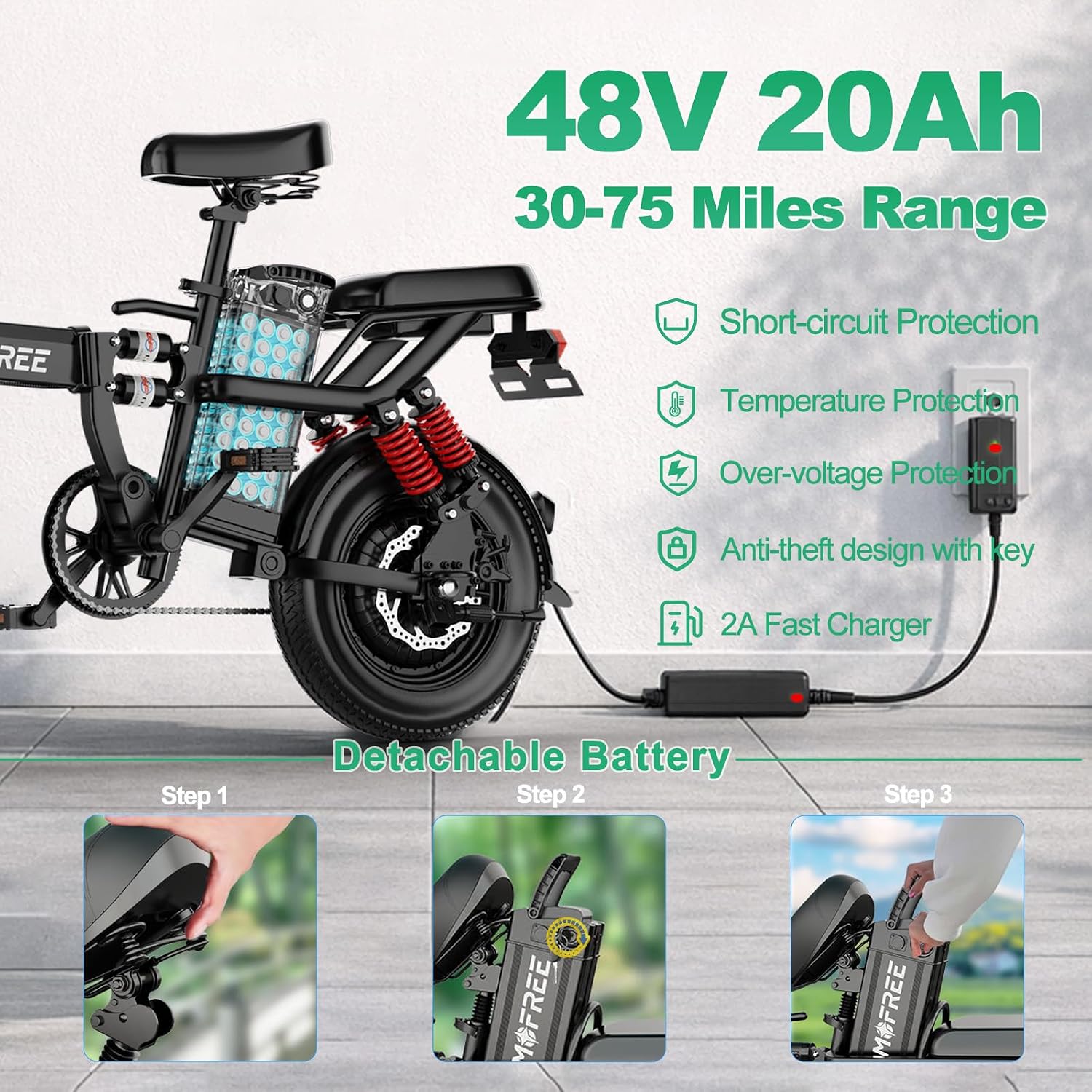 Tomofree 750W Peak Electric Bike for Adult, 20MPH/35-75 Miles Electric Bicycle, 14' Folding E Bike, 48V 20Ah Removable Battery, PAS Control, Commuter E-Bike for Adults and Teens