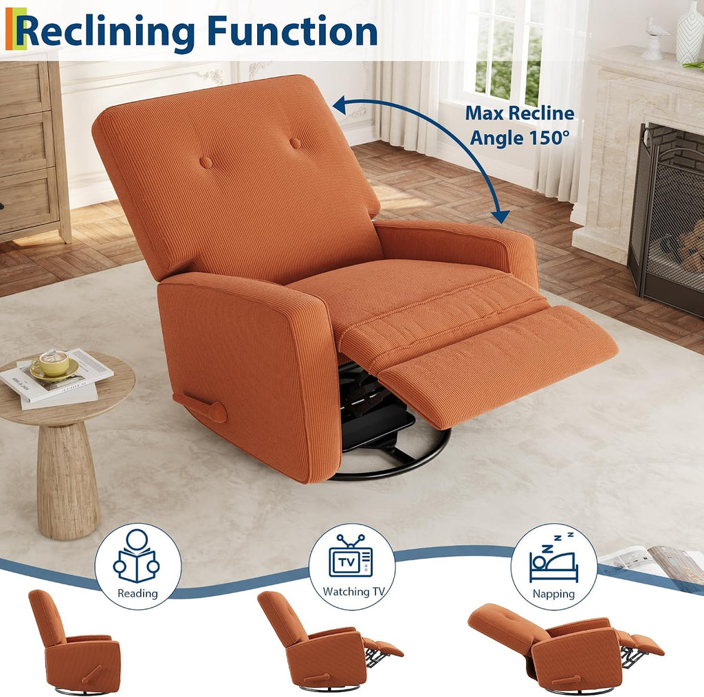 Garvee Nursery Recliner Chair, 360° Swivel Rocking Glider Chair for Adults with Adjustable Backrest & Footrest, Upholstered Armchair for Living Rooms, Bedrooms, Apartments, Orange