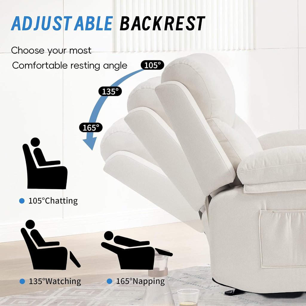 Manual Rocker Recliner Chair for Adults with Vibration Massage,Glider Rocking Recliner for Living Room Bedroom Nursery, Overstuffed Reclining Sofa Chair with Pockets and Cup Holds,Beige