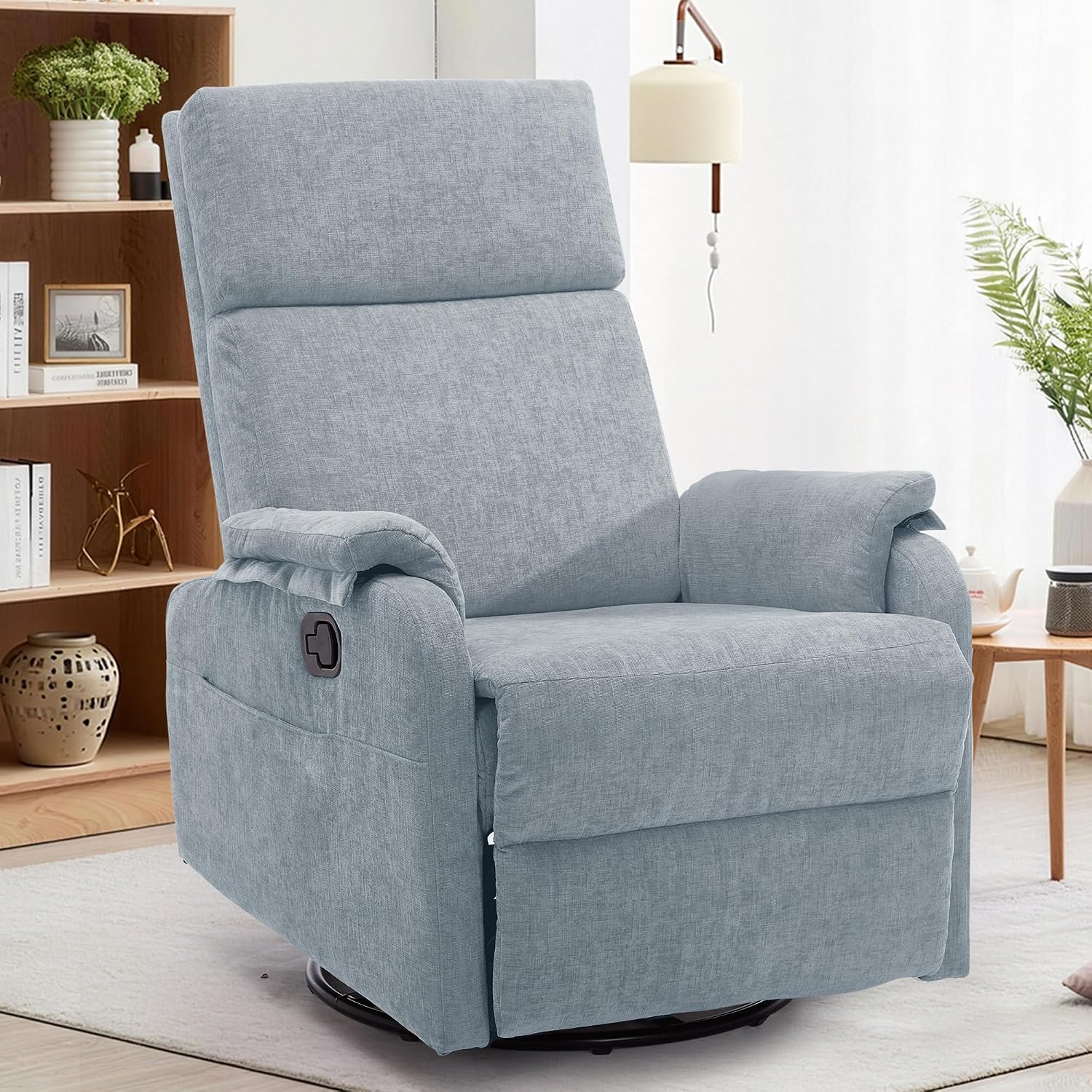 Korser Recliner Chair, Swivel Rocking Recliner Chair for Adults, Glider Rocking Chair, Small Nursery Chair Recliner for Living Room, Reclining Chair with Modern-Designed Armrests, Chenille, Blue