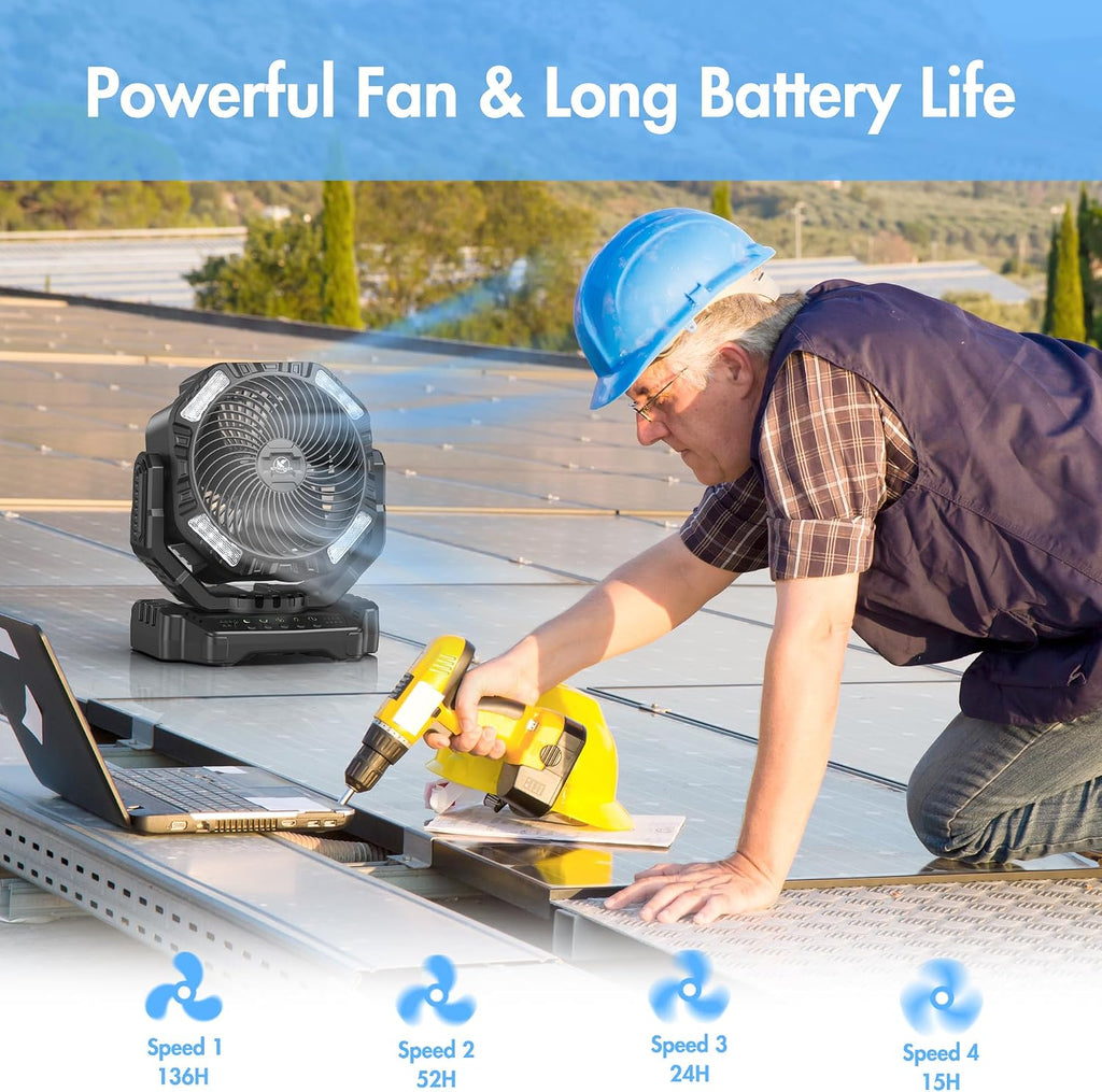 40000mAh Battery Powered Fan, Rechargeable Oscillating Floor Fan with Remote, 136H Cooling Max Camping Essentials for RV, Fathers Day Gift for Men Dad Blue Collar Workers, Co-Branded with AMACOOL
