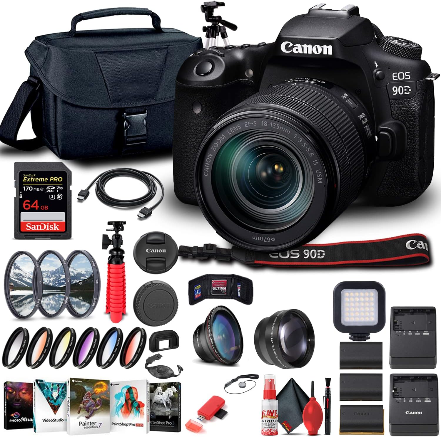 Canon EOS 90D DSLR Camera with 18-135mm Lens (3616C016) + 64GB Memory Card + Case + Corel Photo Software + 2 x LPE6 Battery + External Charger + Card Reader + LED Light + Filter Kit + More