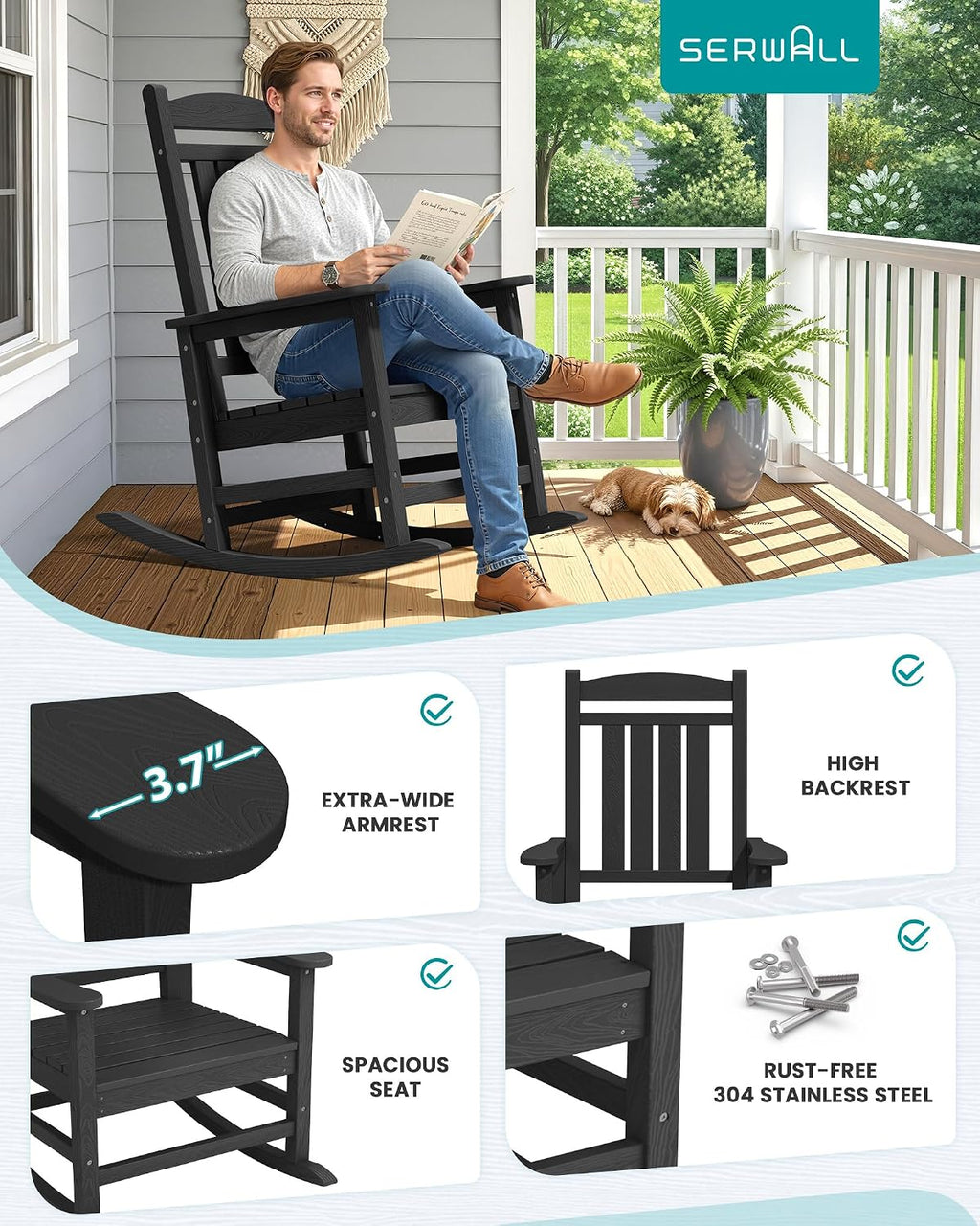 SERWALL Oversized HDPE Outdoor Rocking Chair Set of 2, Patio Rocking Chairs, All-Weather Porch Rockers for Adults, Black