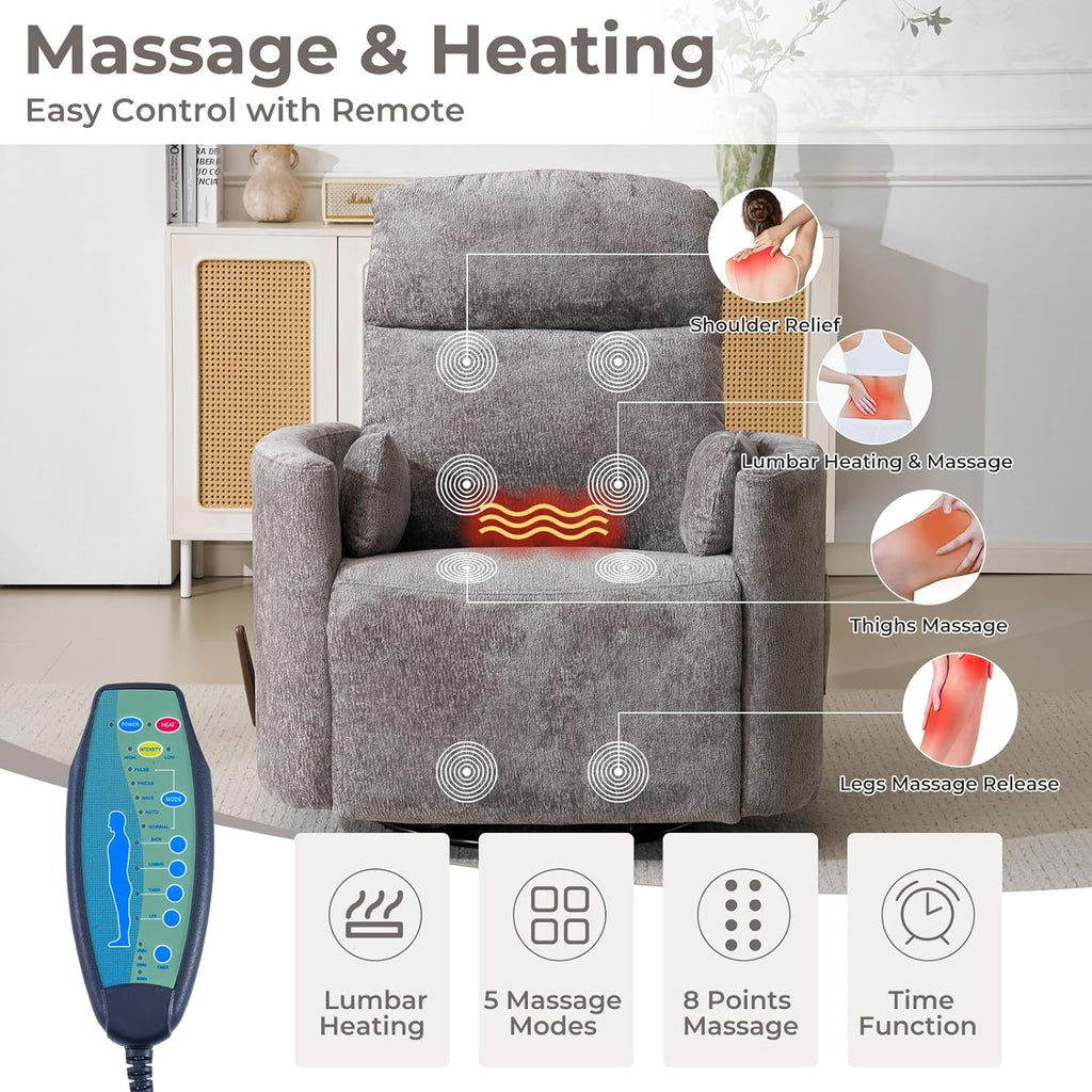 Oversized Swivel Rocker Recliner with Massage and Heat, Swivel Nursery Recliner With Adjustable Headrest, Manual Rocker Recliner Chair with Two Removable Pillows, Rocking Nursery Chair, Dark Grey