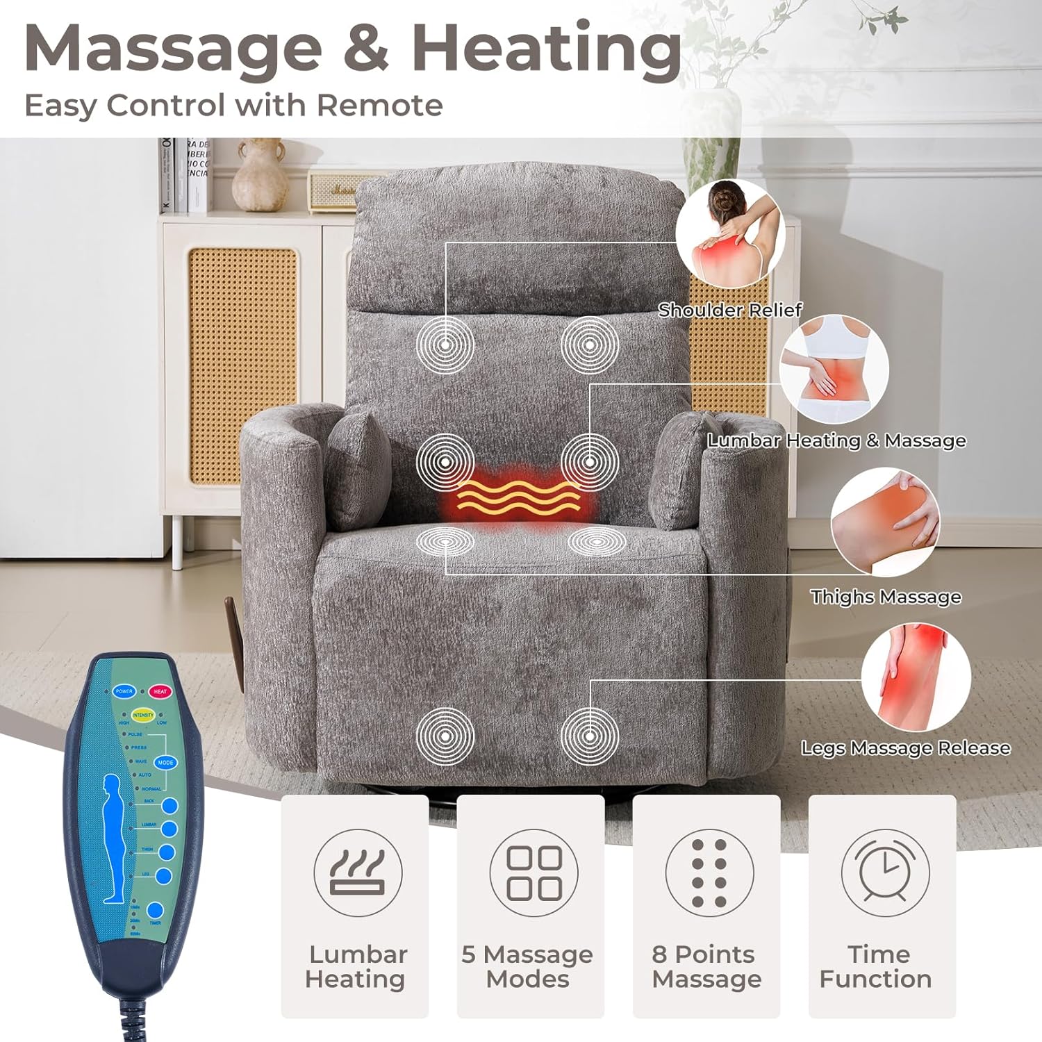 Oversized Swivel Rocker Recliner with Massage and Heat, Swivel Nursery Recliner With Adjustable Headrest, Manual Rocker Recliner Chair with Two Removable Pillows, Rocking Nursery Chair, Dark Grey