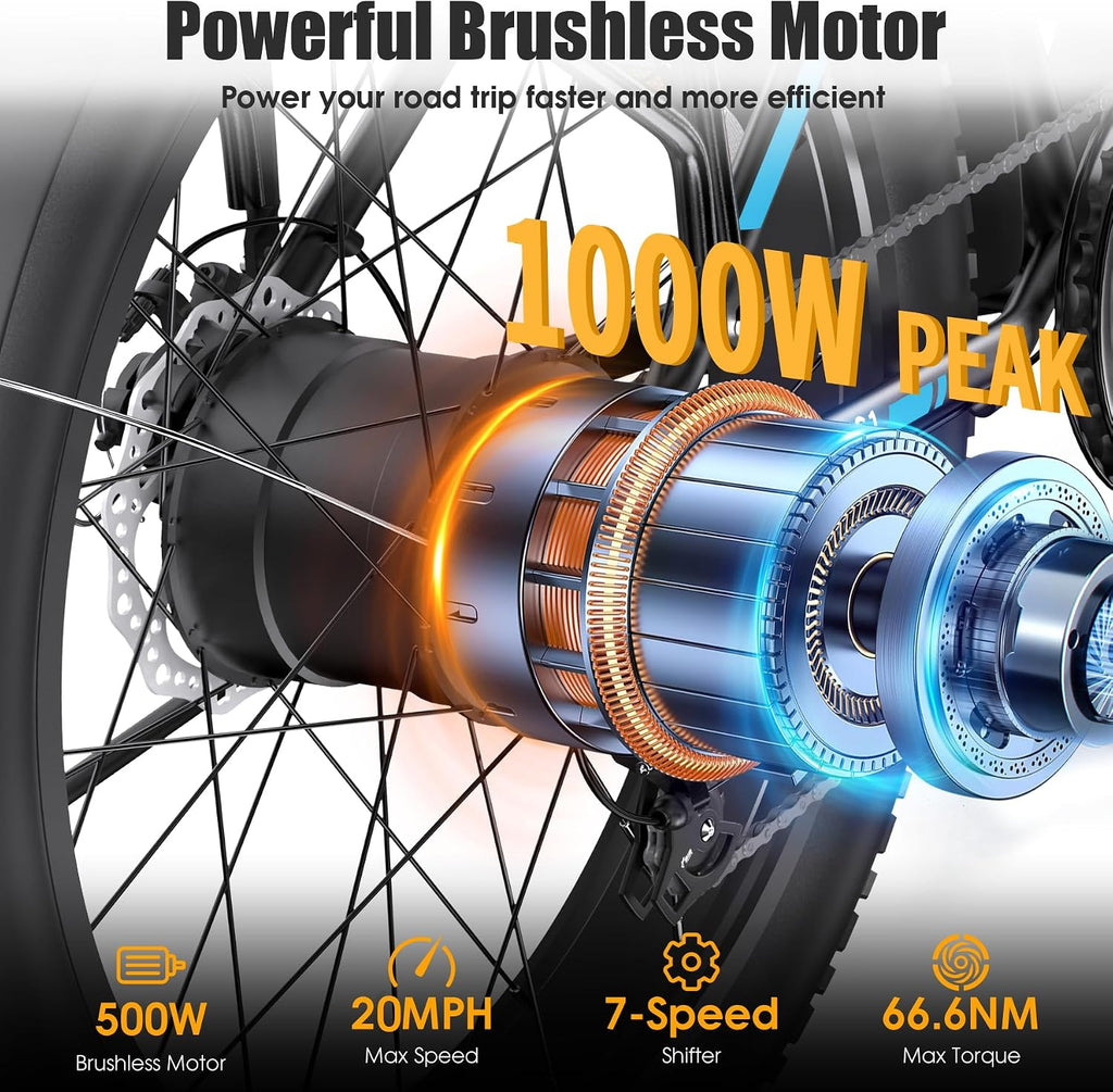 Electric Bike for Adults, 1000W Peak 20MPH 60Miles Ebike,48V 13AH Battery Electric Mountain Bike, 26' x 4'' Fat Tire Electric Bicycle with Rear Rack, Fenders, 7 Speed, UL 2849 Certified