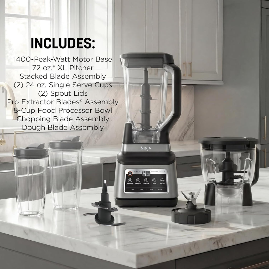 Ninja BN801 Professional Plus Kitchen System, 1400 WP, 5 Functions for Smoothies, Chopping, Dough & More with Auto IQ, 72-oz.* Blender Pitcher, 64-oz. Processor Bowl, (2) 24-oz. To-Go Cups, Grey