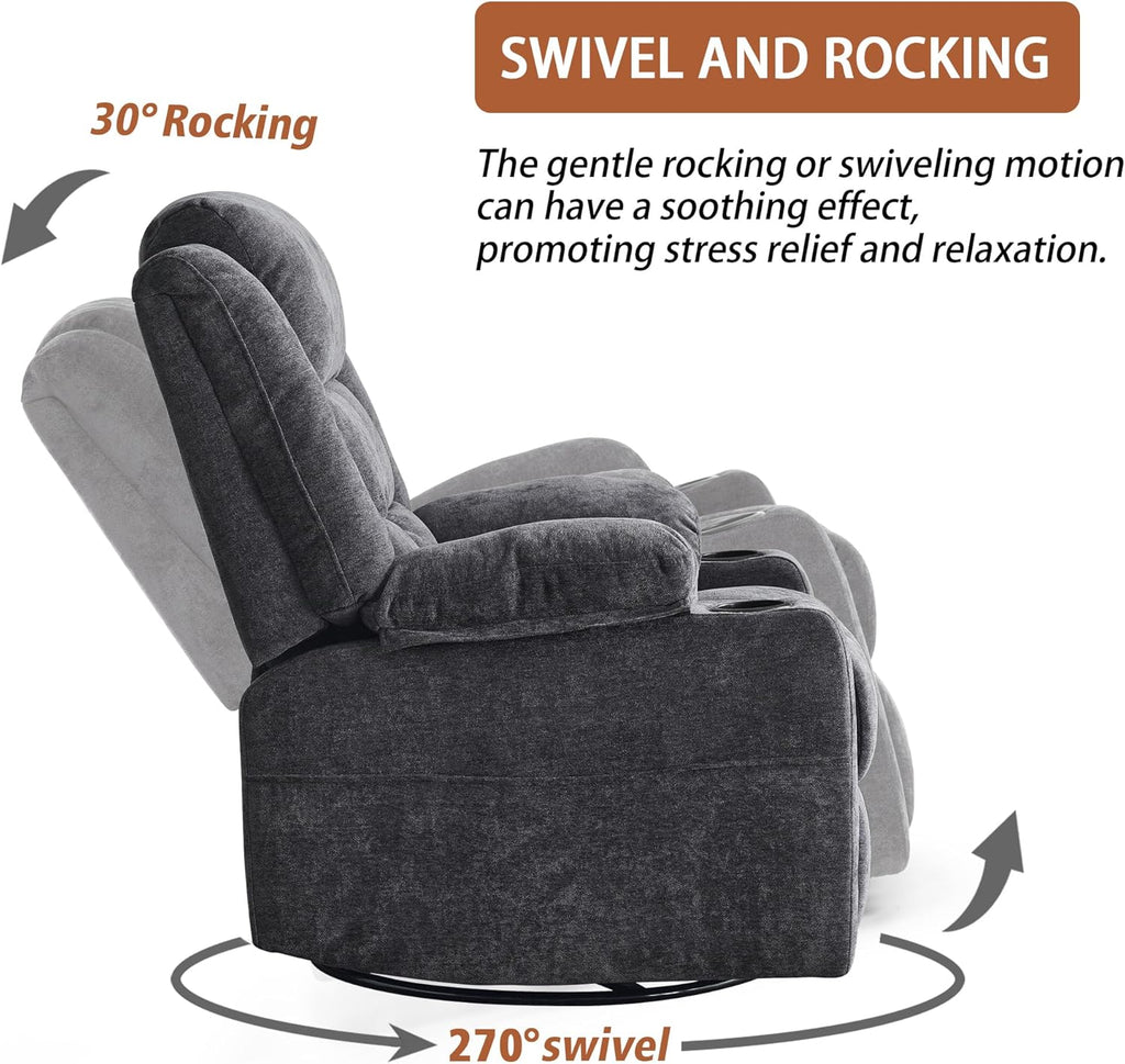 Ketaiyou Power Swivel Rocker Recliner Chair for Adults with Massage and Heat, USB and Type-C Ports, Infinite Position, Electric Glider Reclining Single Sofa Chair for Living Room (Dk Gray)