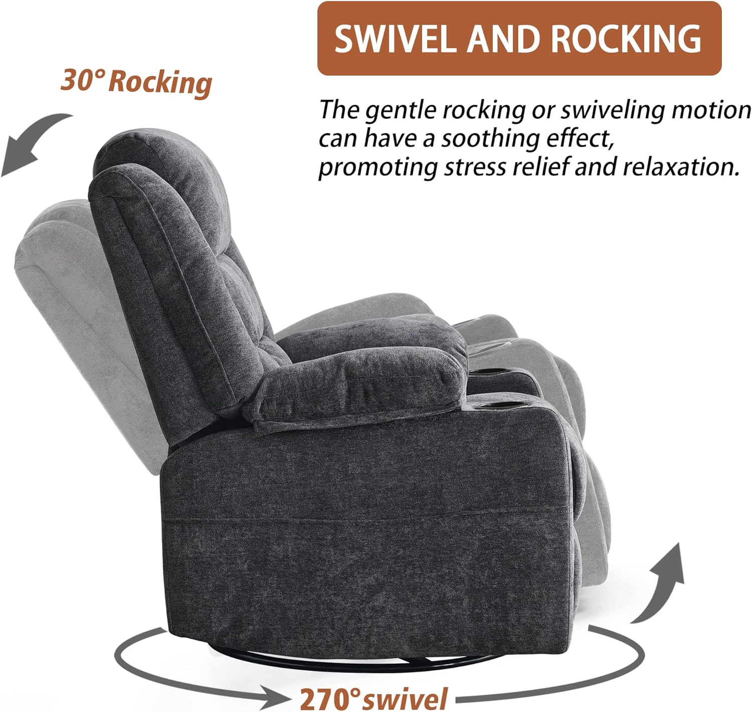 Ketaiyou Power Swivel Rocker Recliner Chair for Adults with Massage and Heat, USB and Type-C Ports, Infinite Position, Electric Glider Reclining Single Sofa Chair for Living Room (Dk Gray)