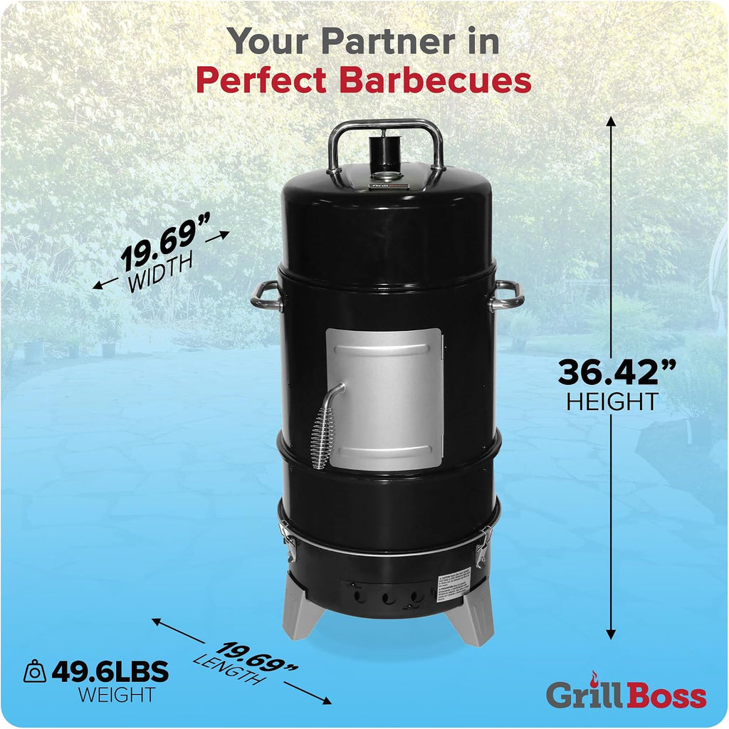 Grill Boss 4 Tier Vertical Freestanding Charcoal Smoker Portable BBQ Grill with Temperature Gauge for Outdoors, 564 Square Inch Cooking Area, Black