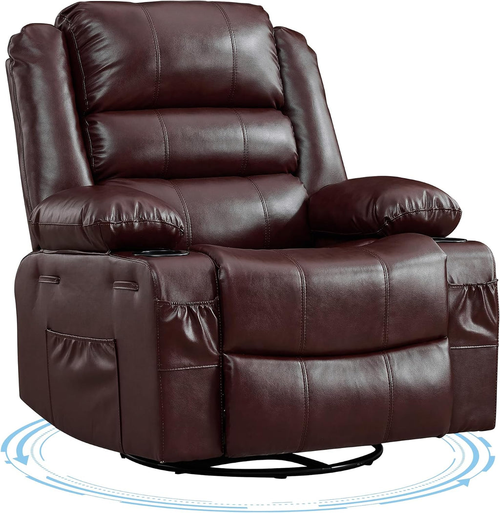 Garvee Rocking Recliner Chair for Adults 360° Swivel Rocker Recliner with Cup Holder Wide Nursery Glider with Upholstered Deep Seat PU Leather Comfy Single Sofa for Living Room Coffee