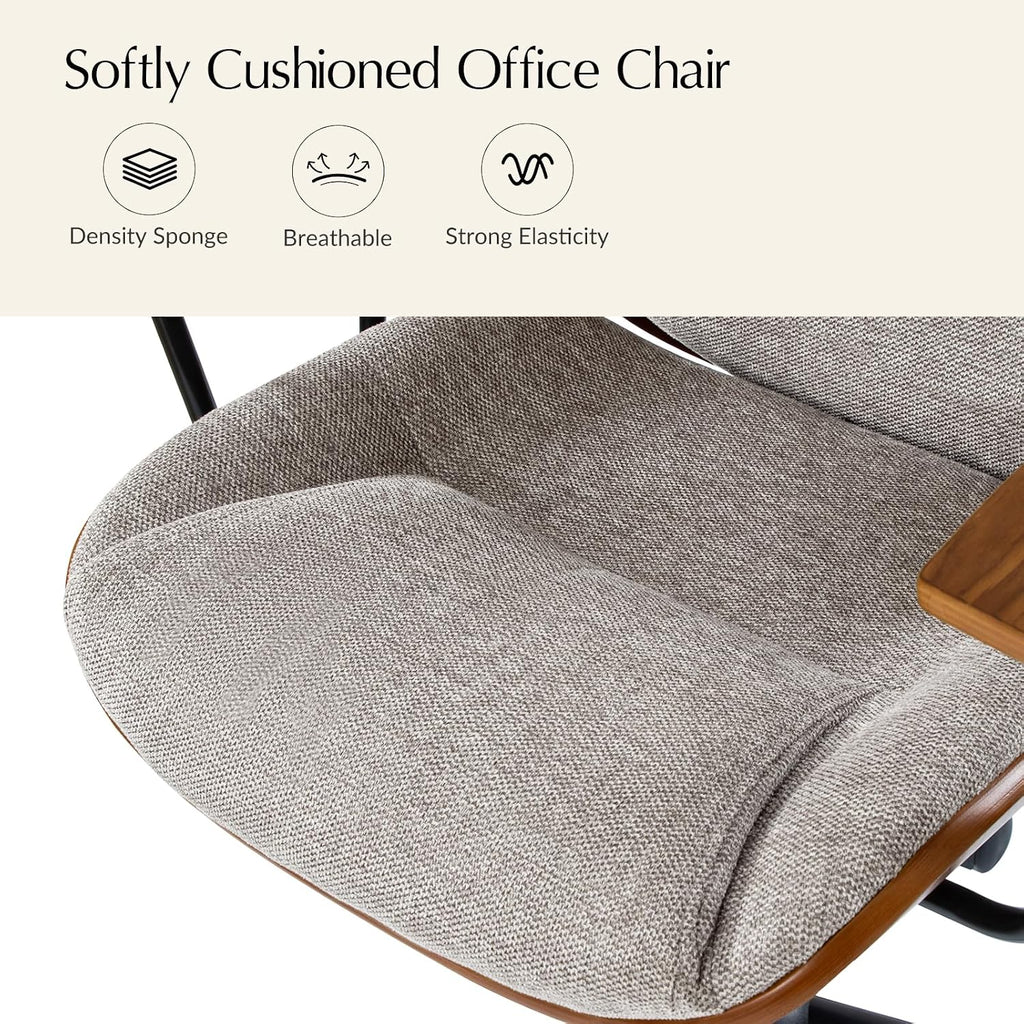 HULALA HOME Solid Wood Office Chair with Rocking Function, Comfy Fabric Desk Chair with Bent Wood and Metal Base, Height Adjustable Swivel Computer Task Chair, Tan