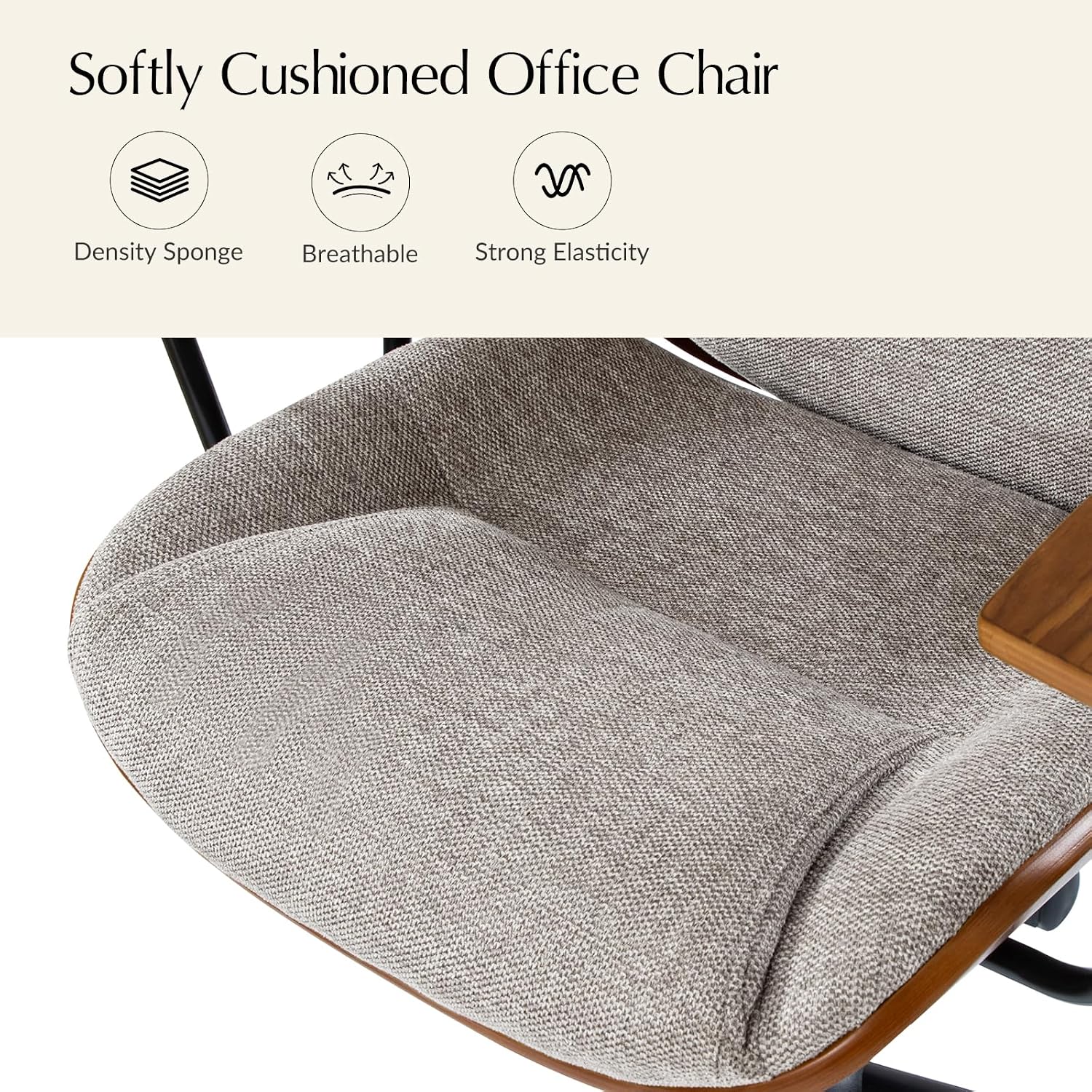 HULALA HOME Solid Wood Office Chair with Rocking Function, Comfy Fabric Desk Chair with Bent Wood and Metal Base, Height Adjustable Swivel Computer Task Chair, Tan
