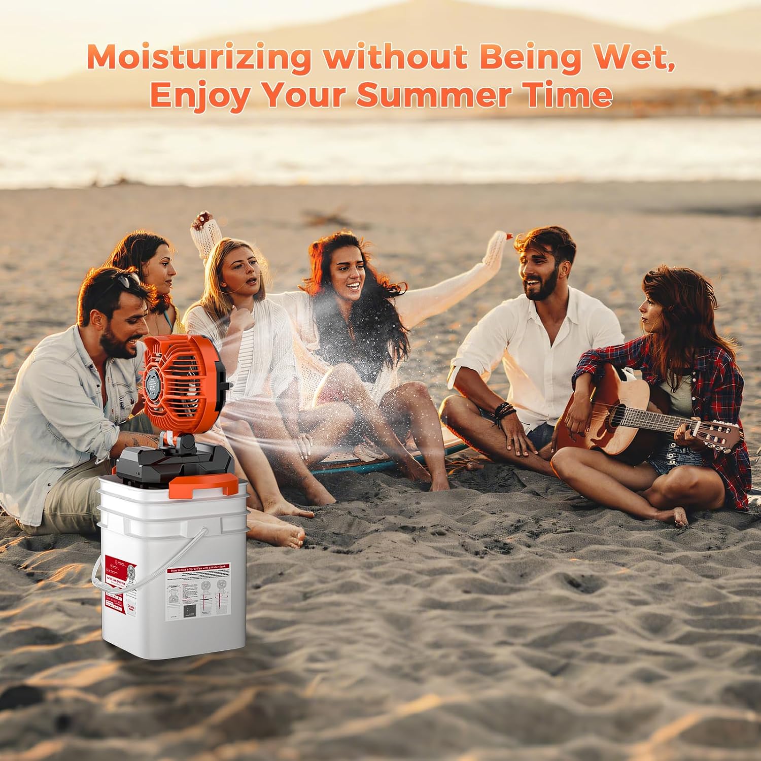 Portable Misting Fan with Bucket, 30000mAh Rechargeable Battery Powered Floor Cooling Fan with 4 Strong Winds, 4 Spray Mister, Adjustable Base for 10-13in Bucket for Camping, Beach, Patio-Orange