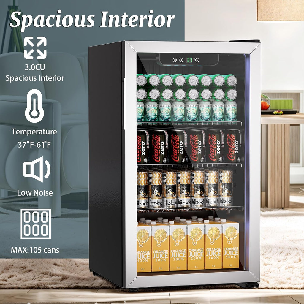 Erivess 3.0 Cubic Feet/105 Can Beverage Refrigerator,28 Inch Fridge with Adjustable Shelve & LED Display for Soda Beer or Wine, Drink Refrigerator for Home Bar Office(Silver)