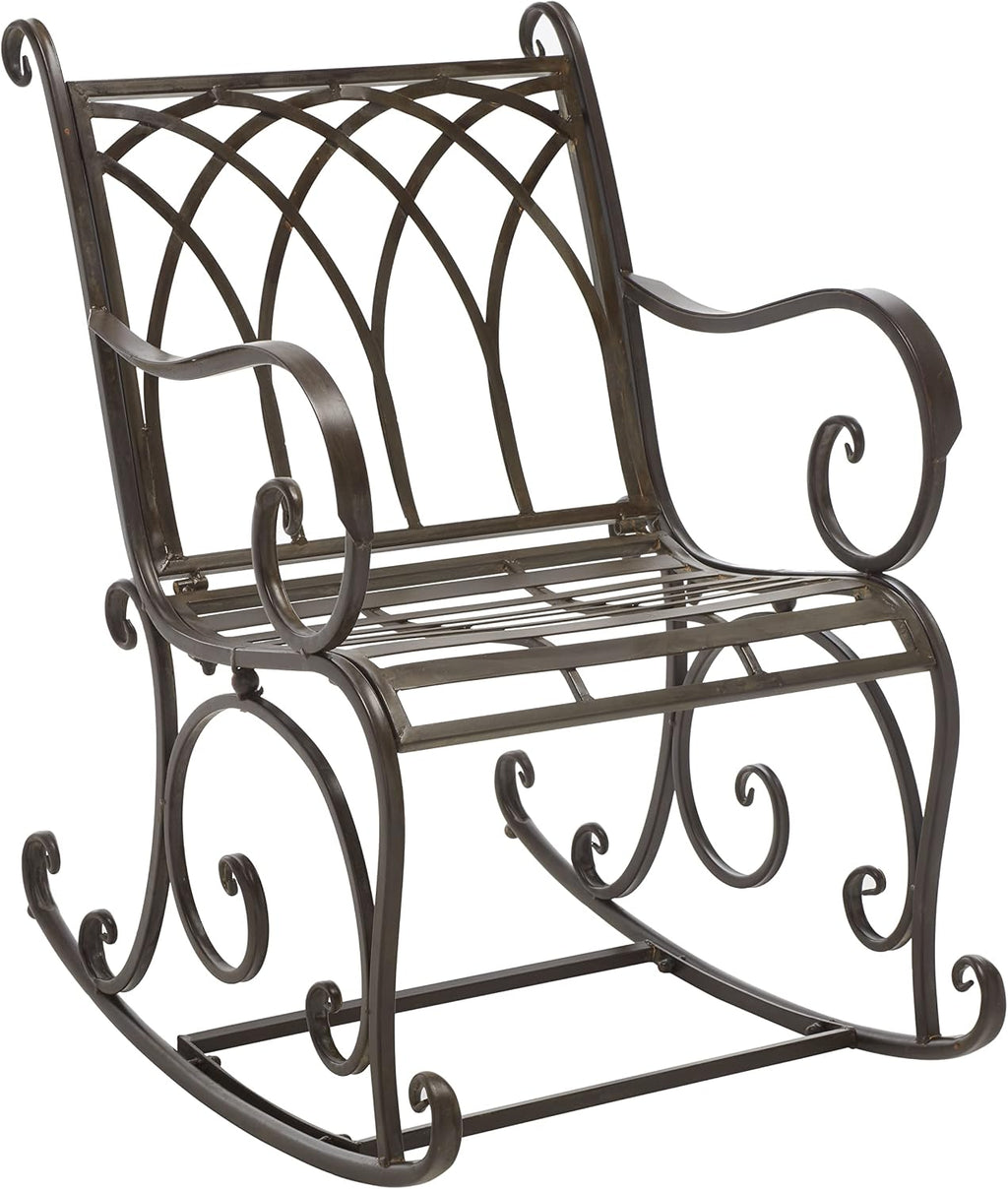 SAFAVIEH Outdoor - Medrano Iron Rocking Chair - Rustic Brown Iron Metal - Vintage Ornate Scrollwork Design - Ideal for Patio, Deck, Porch, Garden, 15' Seat Height (PAT5030B)