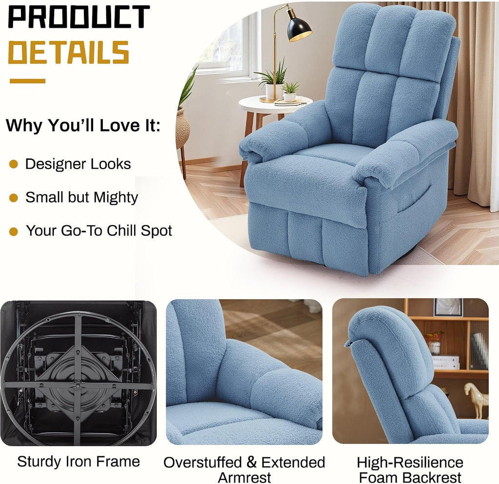 Korser Recliner Chair, Swivel Rocker Recliner Chair for Adults, Small Recliners for Small Spaces, Manual Recliner with Side Pockets, Upholstered Nursery Rocking Chair for Living Room, Sherpa, Blue