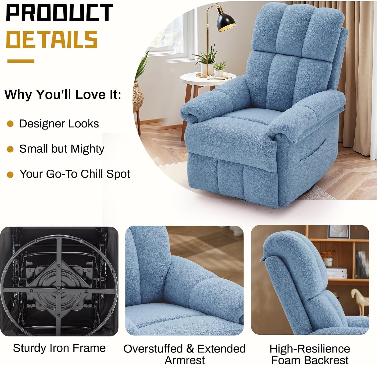 Korser Recliner Chair, Swivel Rocker Recliner Chair for Adults, Small Recliners for Small Spaces, Manual Recliner with Side Pockets, Upholstered Nursery Rocking Chair for Living Room, Sherpa, Blue