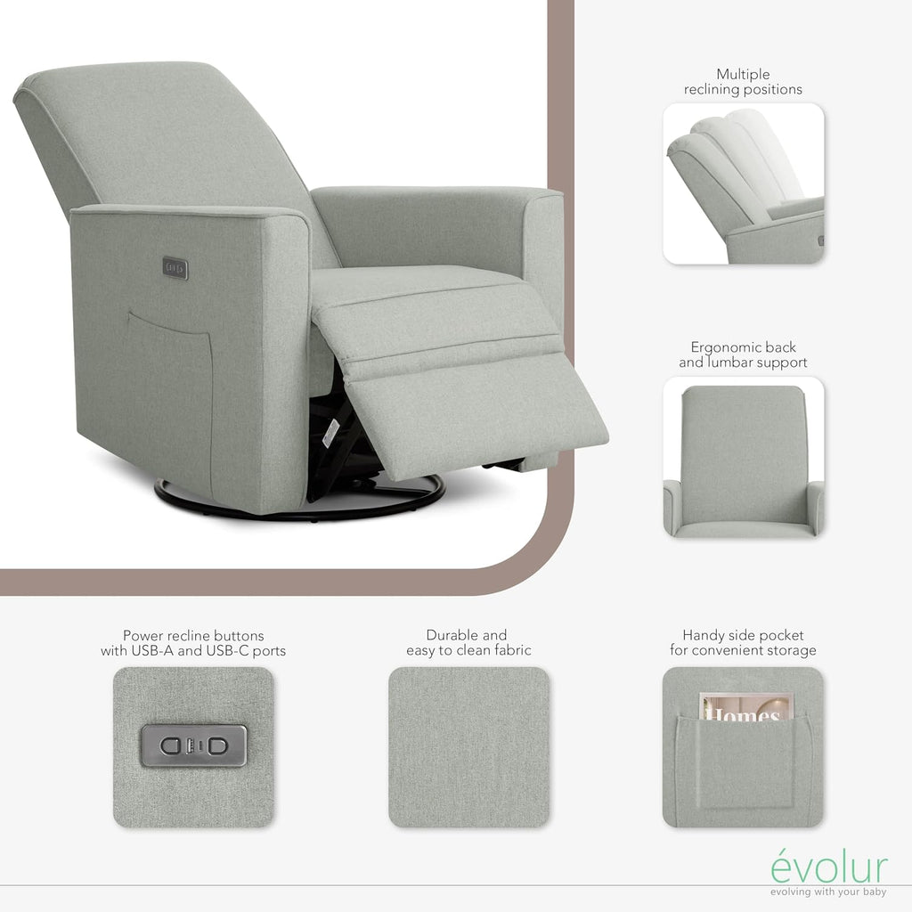 évolur Harlow Upholstered Power Glider Recliner with USB Charging – Rocking & 275° Swivel with Smooth Glide – Greenguard Gold & FSC Certified – Modern Nursery and Living Room Chair in Light Grey