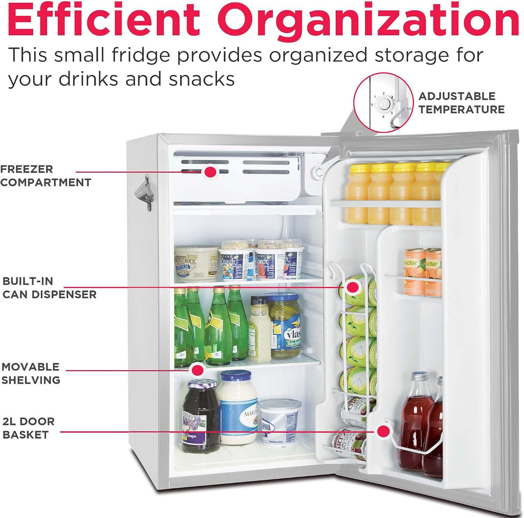 Frigidaire Retro Compact Fridge with Chiller, 3.2 cu ft Countertop Fridge with Built-In Bottle Opener, Compact Refrigerator for Office, Bedroom, Dorm Room or Cabin - 16.5'D x 19'W x 31'H (Moonbeam)