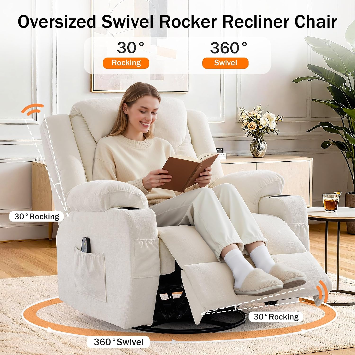 Korser Oversized Recliner Chair, 360° Swivel Recliner for Adults, Swivel Rocker Recliner Chair with Heat and Massage, Manual Recliner with Remote Control and Cup Holders for Living Room, Chenille