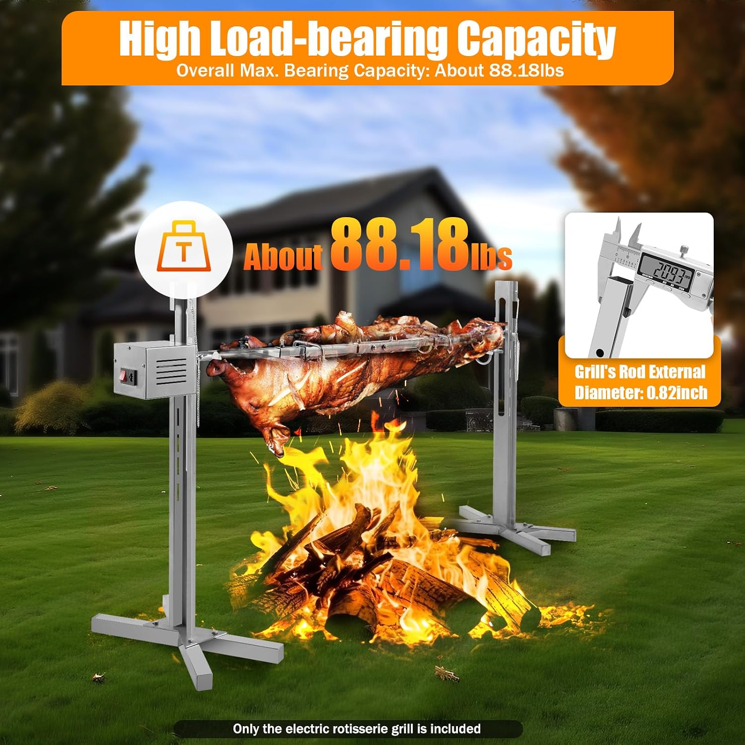 53in Outdoor Electric Rotisserie Grill Kit,Rotatable Motor BBQ Rotisserie Kit,Cooker Grill Camping Spit Grill Roaster for Pig Rotisserie Hog Lamb,Height Adjustable