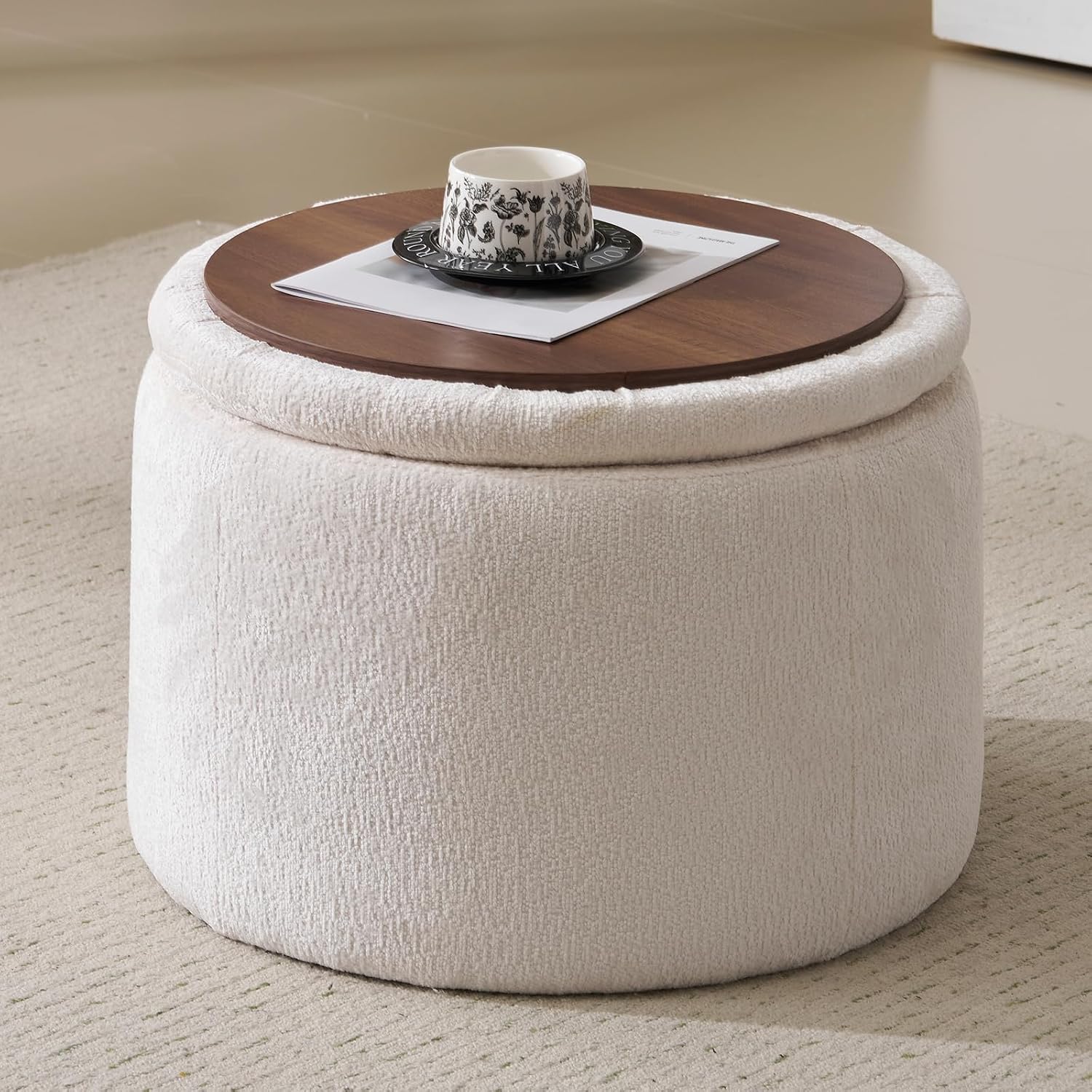 Modern Round Storage Ottoman, Chenille Ottoman Foot Stools, Ottoman Footstool with Removable Lid, Storage Ottoman for Living Room, Multi-Functional Footrest, White