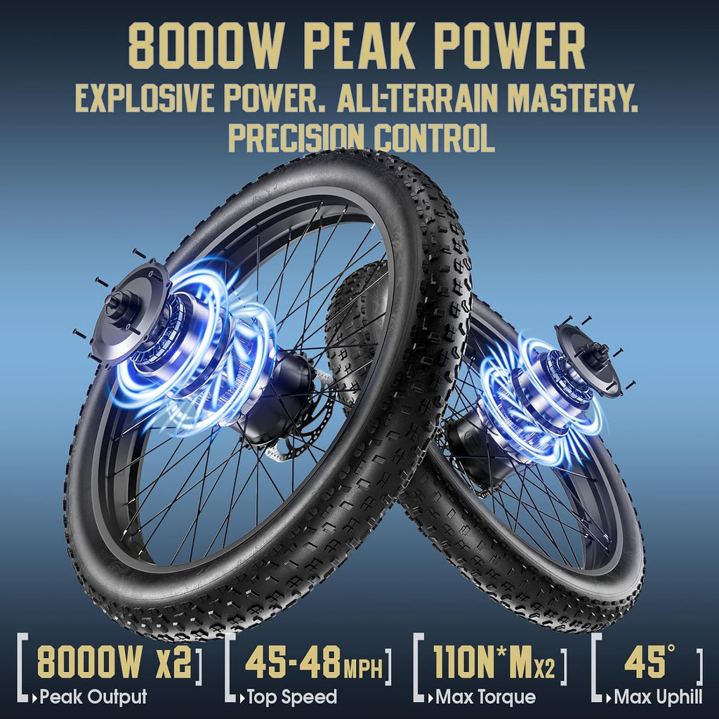 8000W Dual Motor Electric Bike for Adults, 48MPH Fast Ebike with 52V 36Ah Removable Battery, Up to 100 Miles Long Range, 24/26 Inch Fat Tire, Shimano 7-Speed, Shock Absorber Commuter E-Bike
