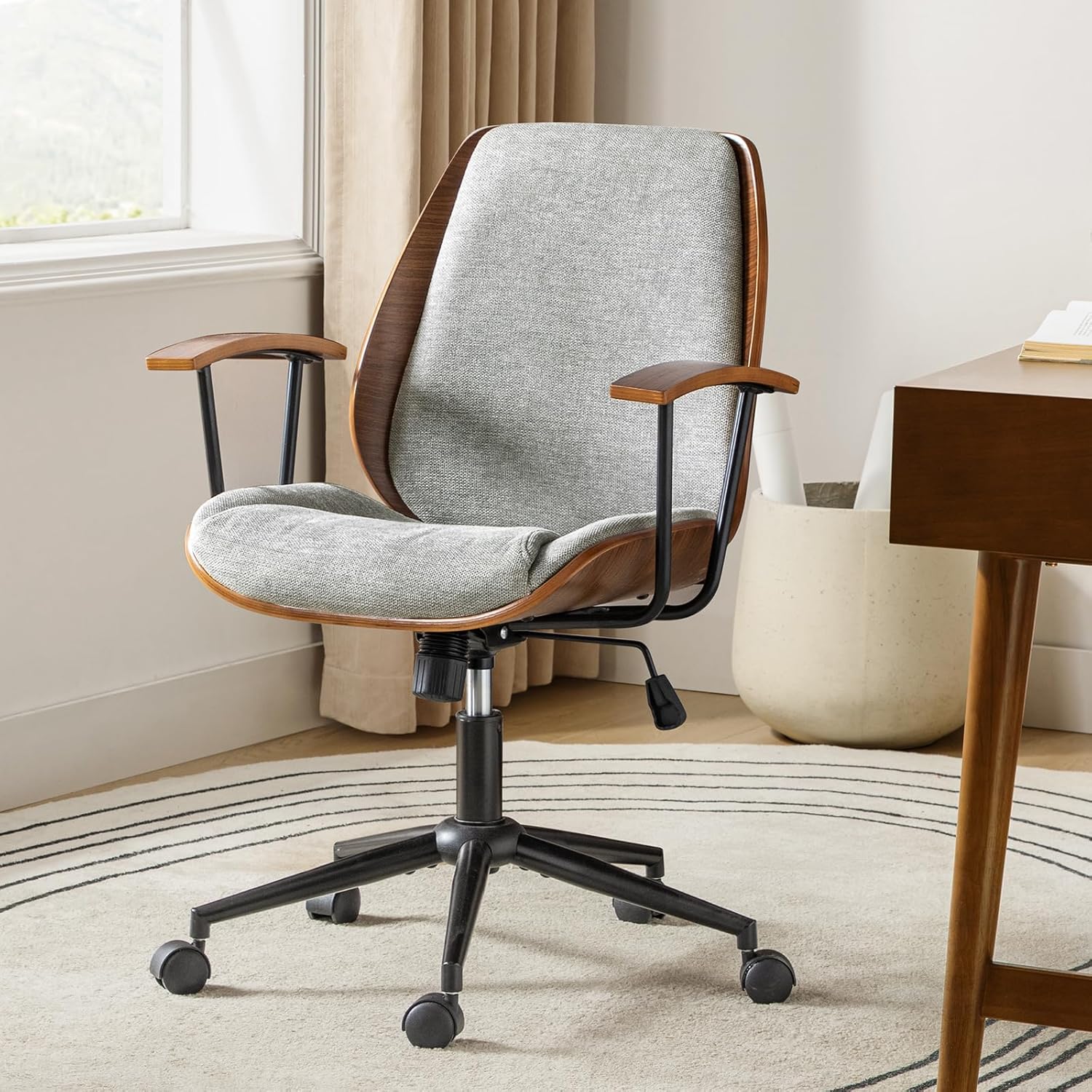 HULALA HOME Solid Wood Office Chair with Rocking Function, Comfy Fabric Desk Chair with Bent Wood and Metal Base, Height Adjustable Swivel Computer Task Chair, Grey