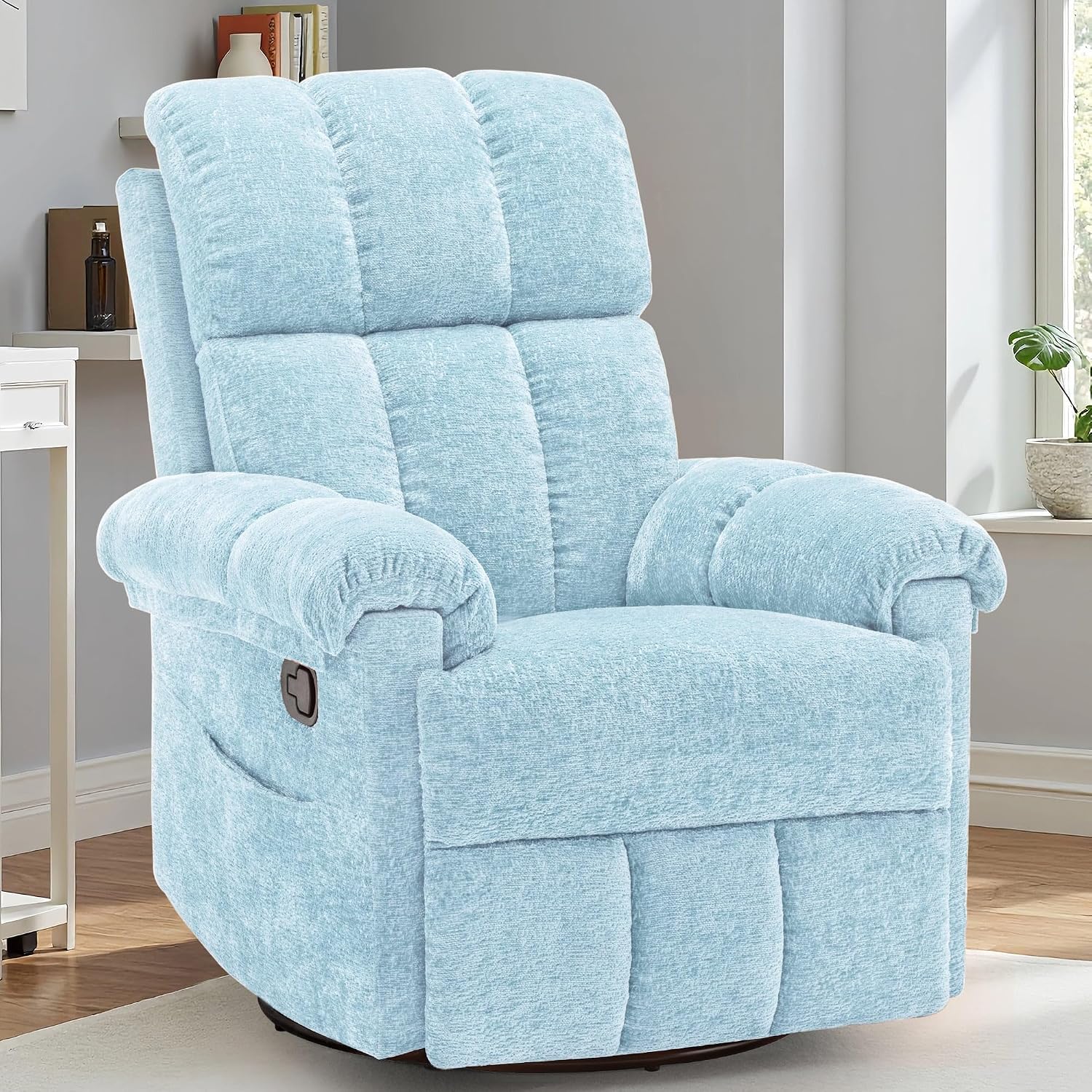Korser Recliner Chair, Swivel Rocker Recliner Chair for Adults, Small Recliners for Small Spaces, Manual Recliner with Side Pockets, Upholstered Nursery Rocking Chair for Living Room, Chenille, Blue